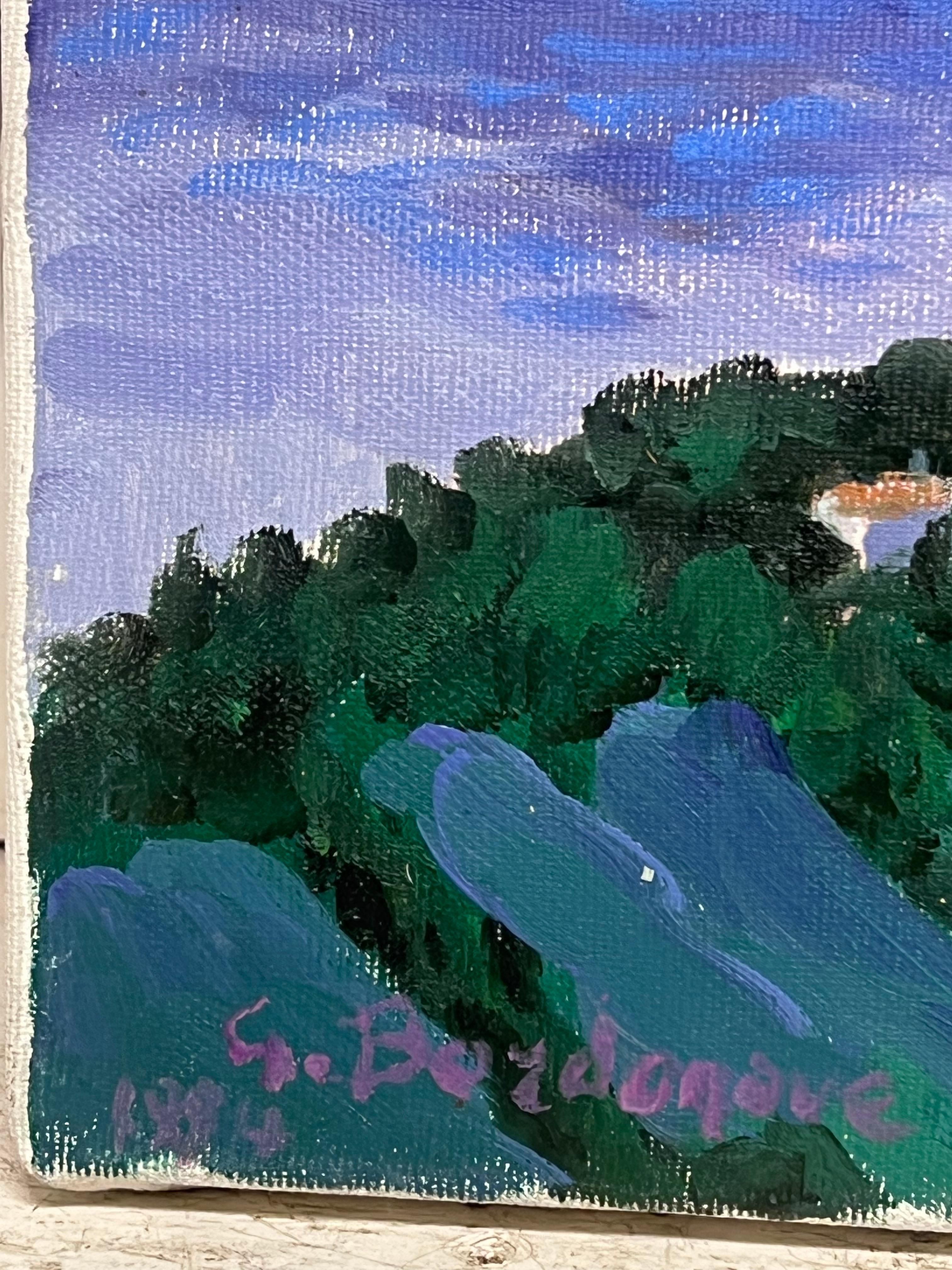 Pittura ad olio impressionista francese Campi verdi e cime fumose sul mare in vendita 2