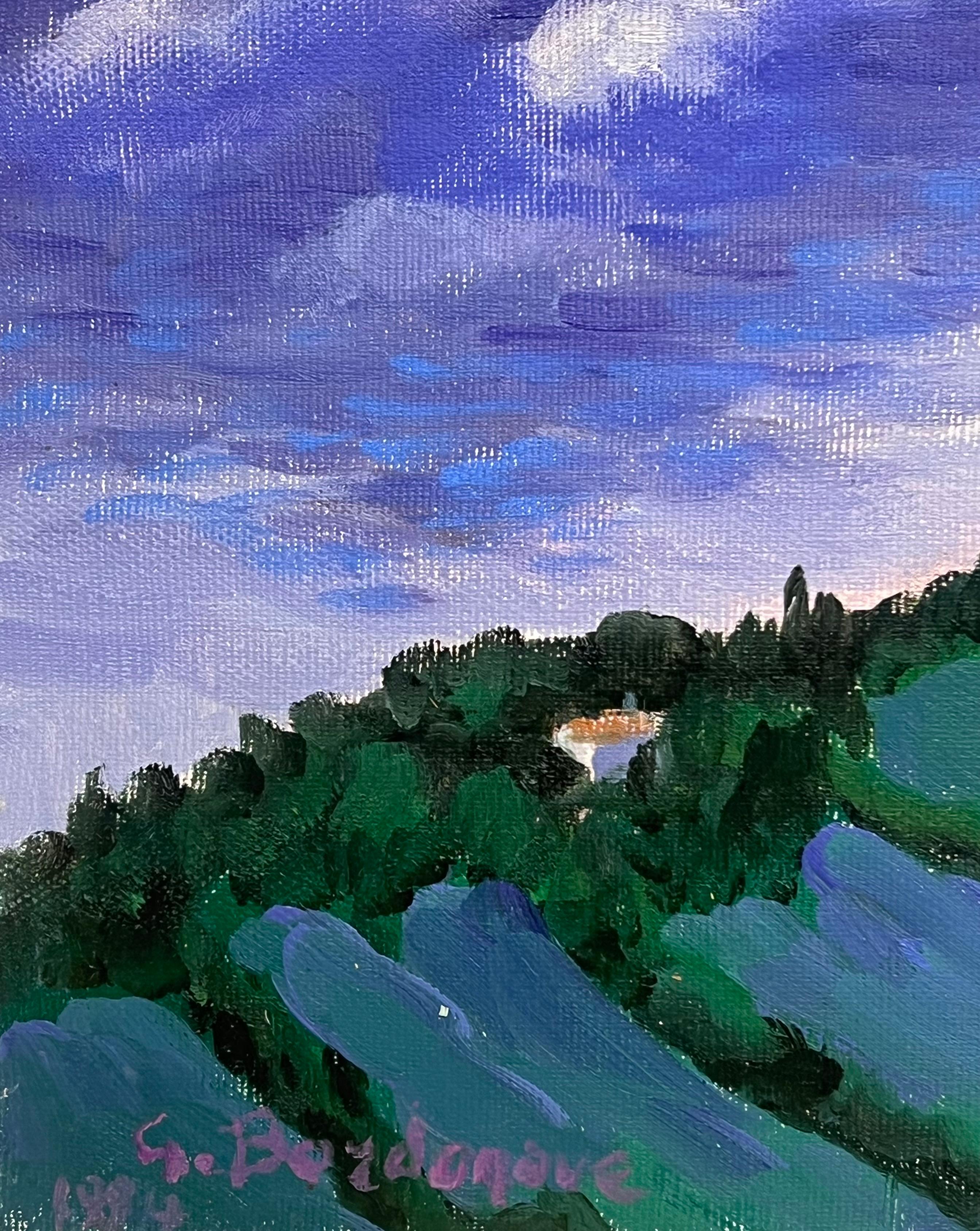 Pittura ad olio impressionista francese Campi verdi e cime fumose sul mare in vendita 3