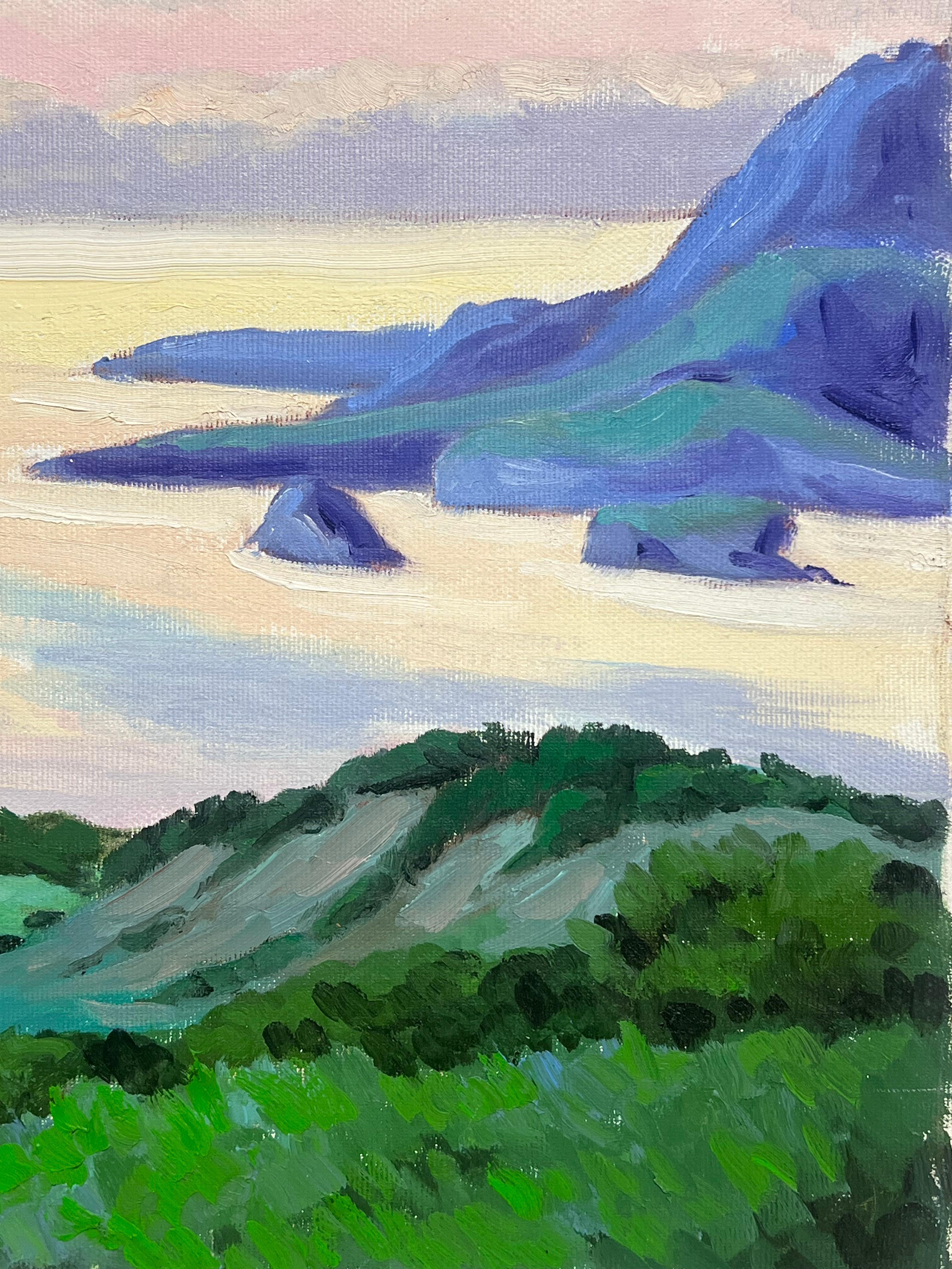 Pittura ad olio impressionista francese Campi verdi e cime fumose sul mare in vendita 4