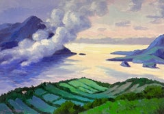 Pittura ad olio impressionista francese Campi verdi e cime fumose sul mare