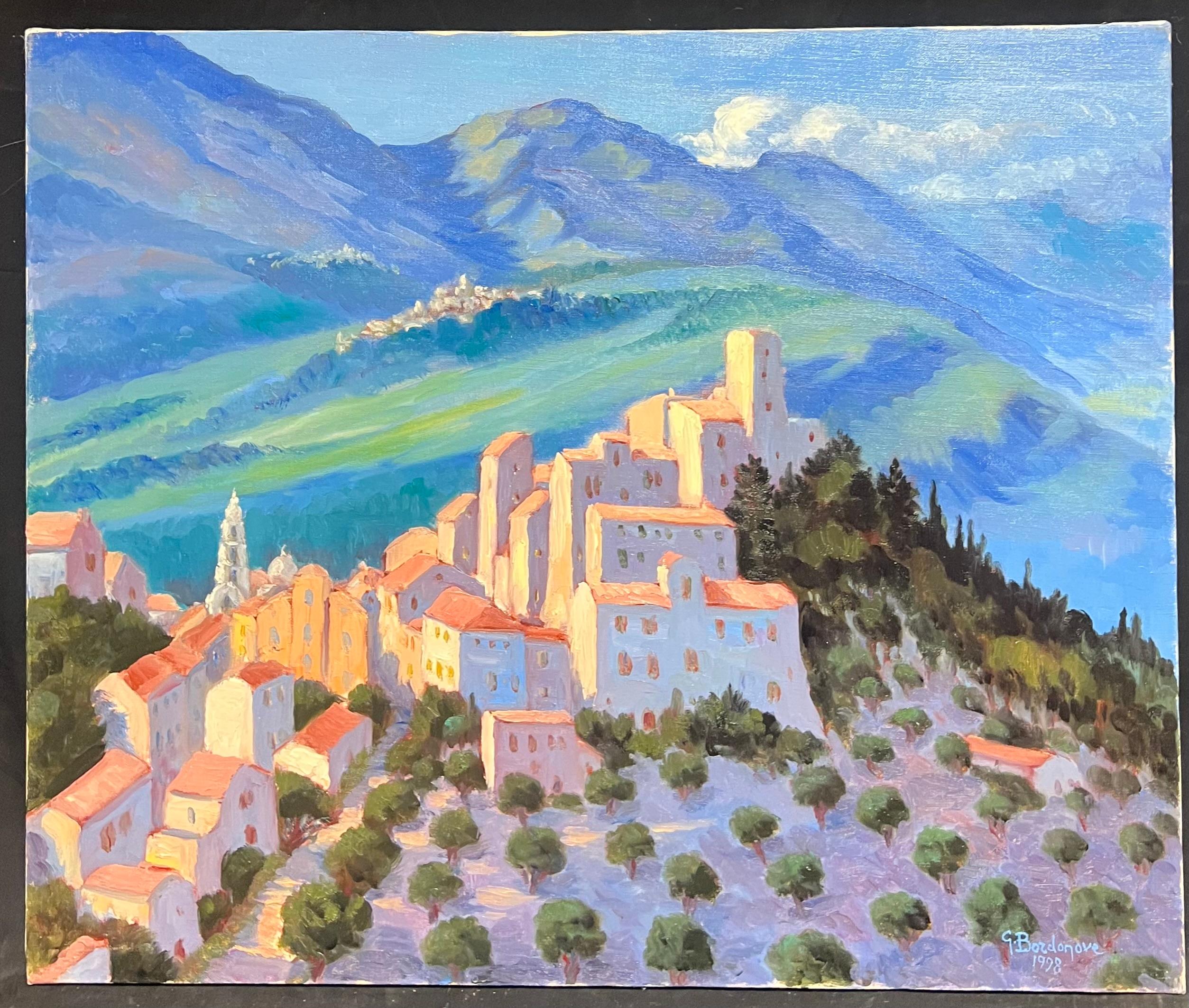 Französisch-impressionistisches Ölgemälde, Hill Top, Dorf, Olivenbäume, Weiße Häuser, Weiße Häuser – Painting von Georges Bordonove