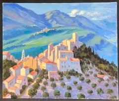 French Impressionist Oil Painting Hill Top Village Olive Groves White Houses
