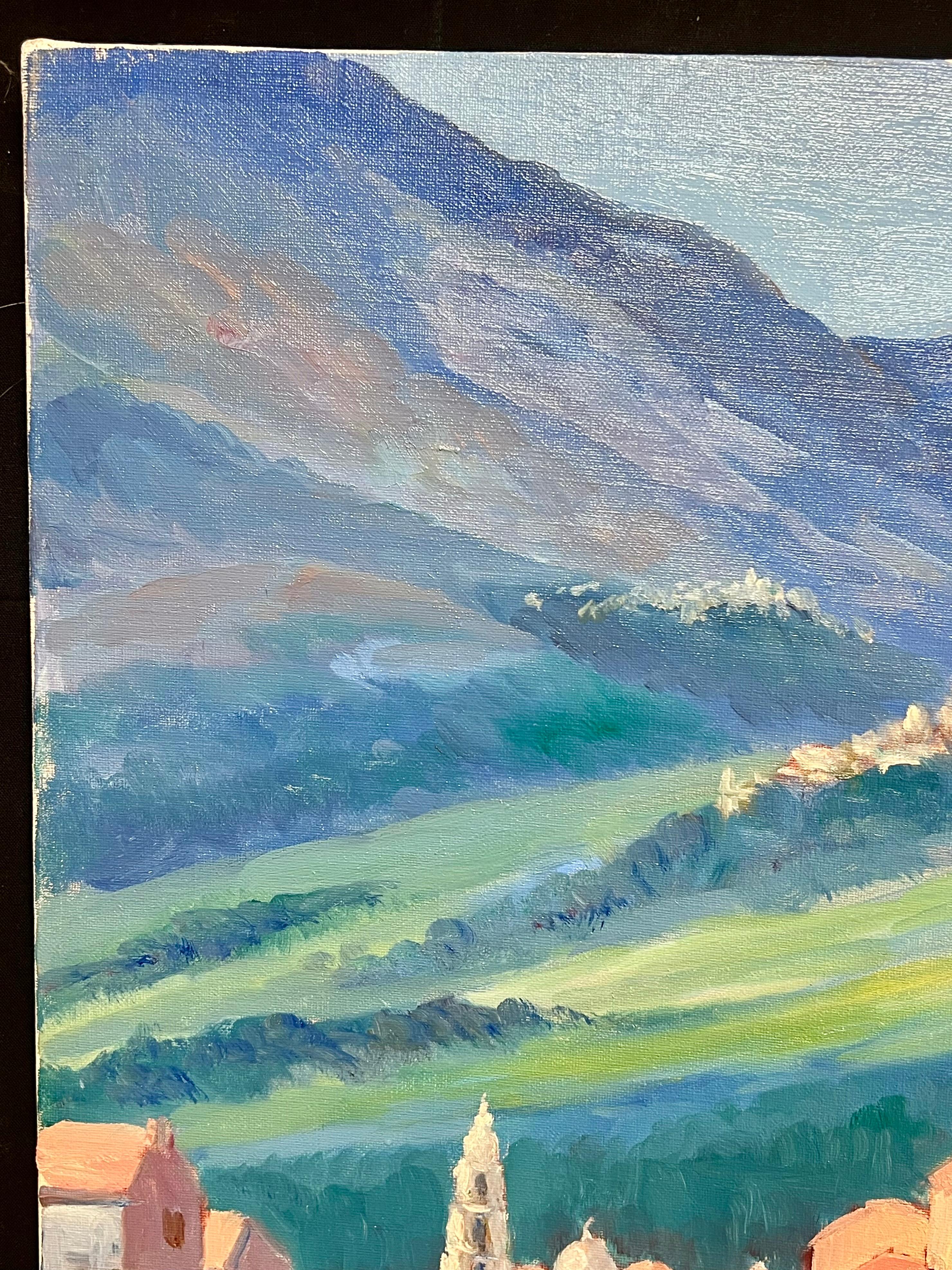 Französisch-impressionistisches Ölgemälde, Hill Top, Dorf, Olivenbäume, Weiße Häuser, Weiße Häuser (Blau), Landscape Painting, von Georges Bordonove