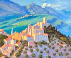 French Impressionist Oil Painting Hill Top Village Olive Groves White Houses