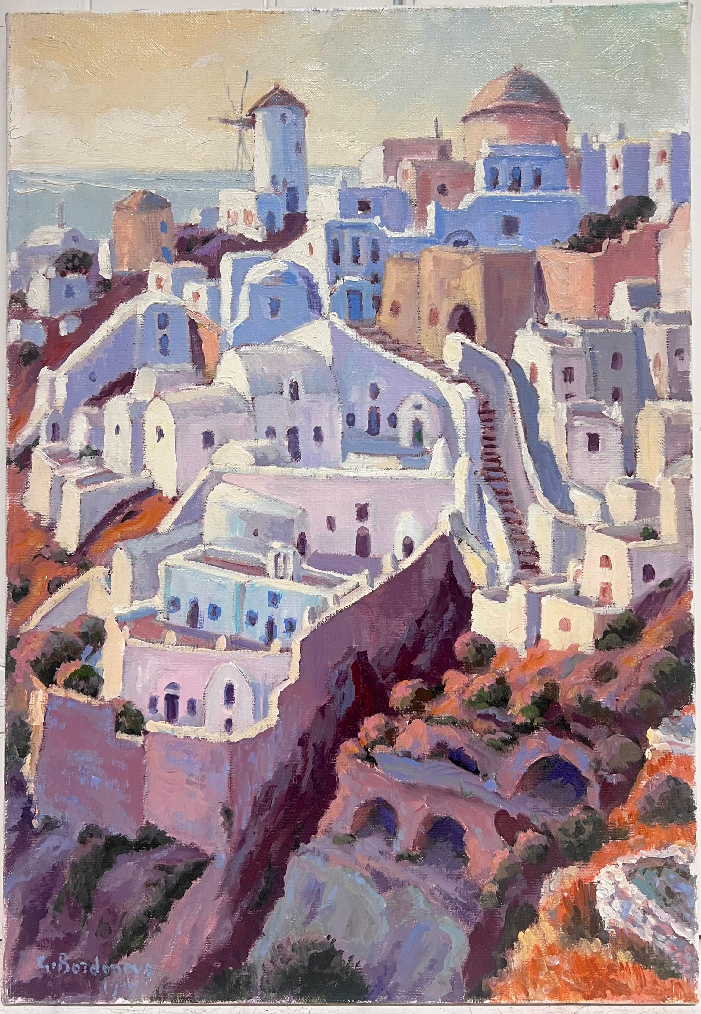 Quadro ad olio impressionista francese Tramonto in viola sul sentiero tortuoso di Santorini - Painting di Georges Bordonove