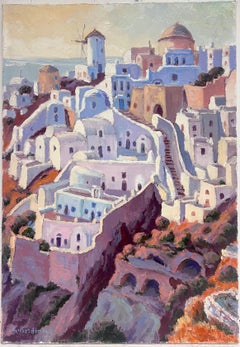 French Impressionist Oil Painting Purple Sunset over Santorini's Winding Pathway