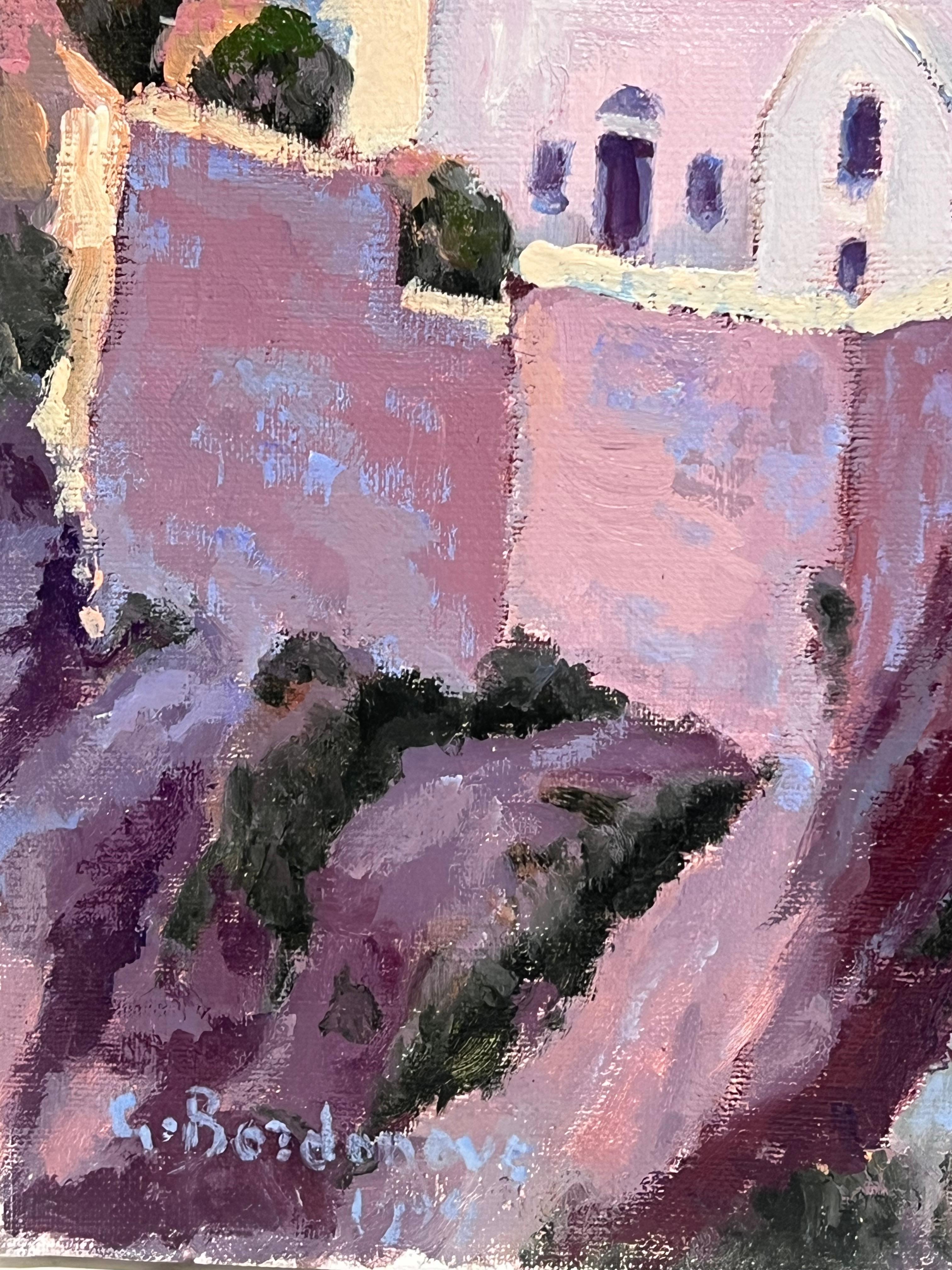 Quadro ad olio impressionista francese Tramonto in viola sul sentiero tortuoso di Santorini - Painting Impressionismo di Georges Bordonove