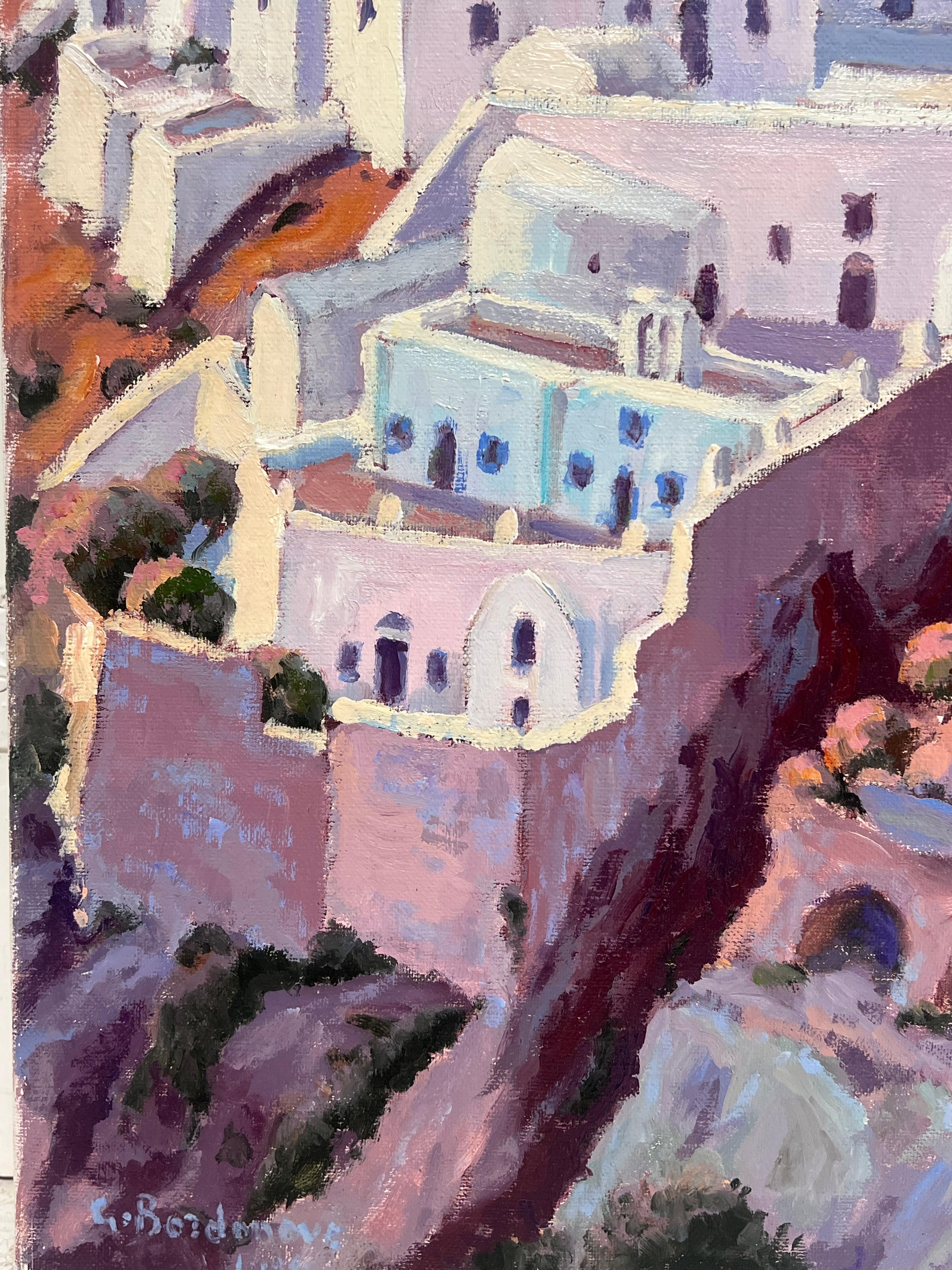 Quadro ad olio impressionista francese Tramonto in viola sul sentiero tortuoso di Santorini - Landscape Painting Grigio di Georges Bordonove