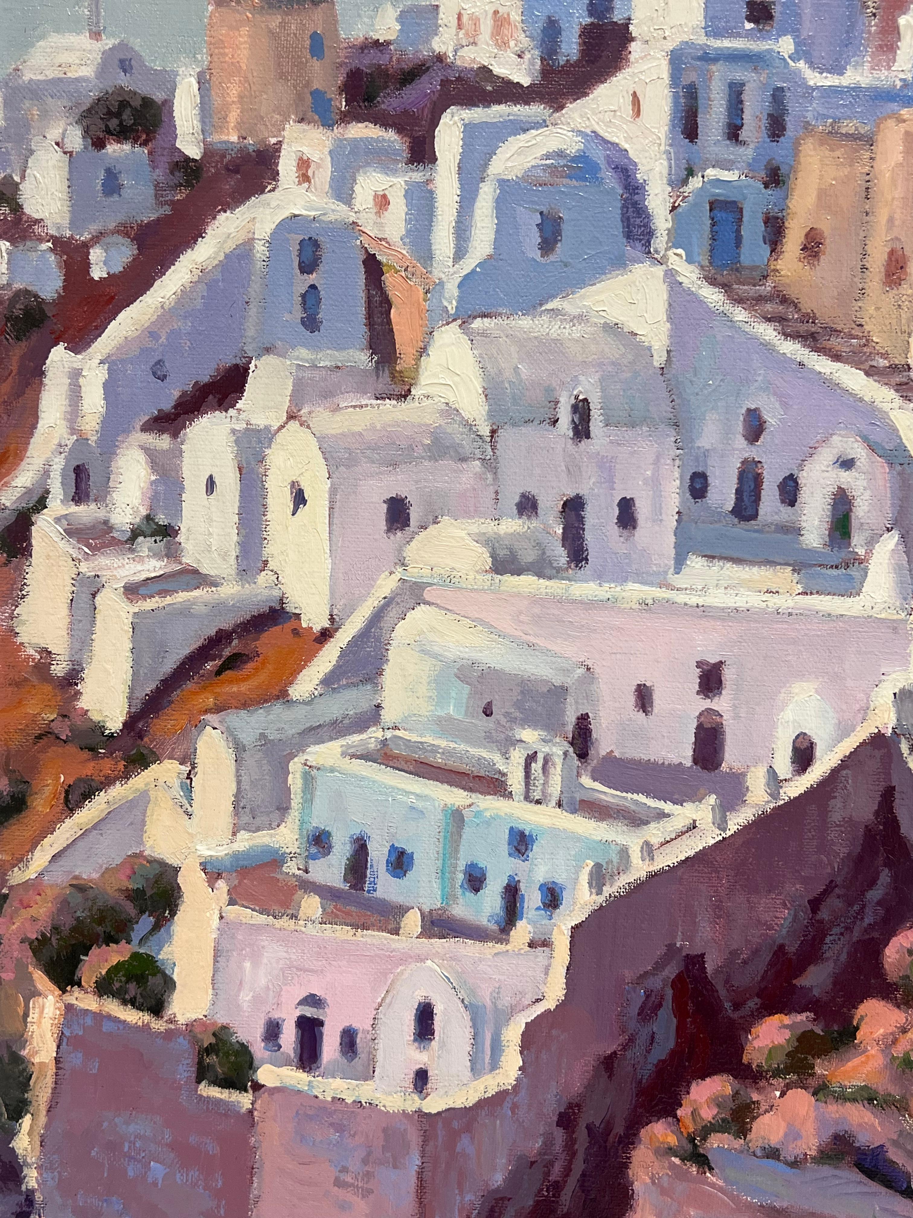 Quadro ad olio impressionista francese Tramonto in viola sul sentiero tortuoso di Santorini in vendita 1
