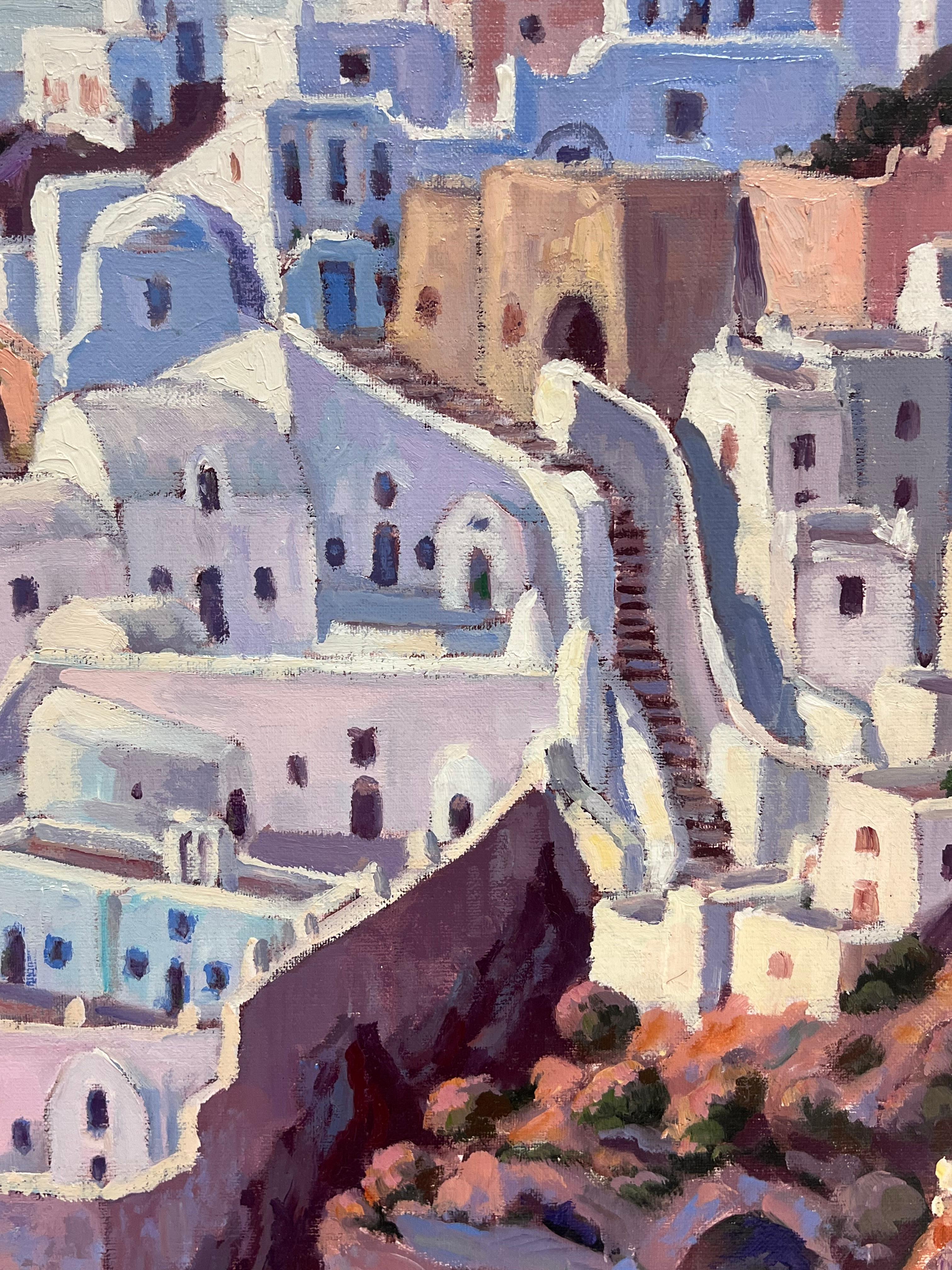 Quadro ad olio impressionista francese Tramonto in viola sul sentiero tortuoso di Santorini in vendita 2