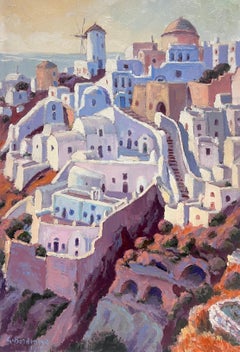 Peinture impressionniste française Coucher de soleil pourpre sur le sentier sinueux de Santorin