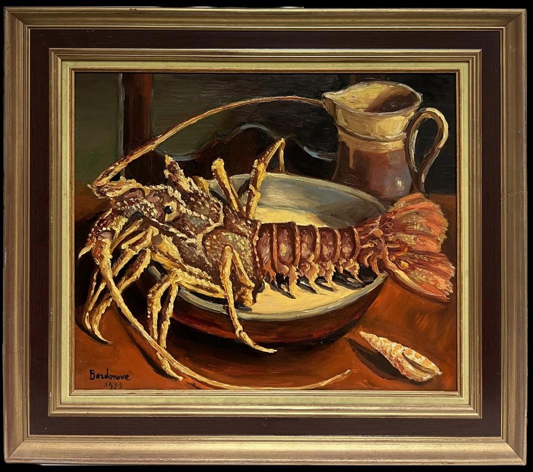 Pintura al Óleo Impresionista Francesa Plato de Marisco Langosta Firmado Original Siglo XX