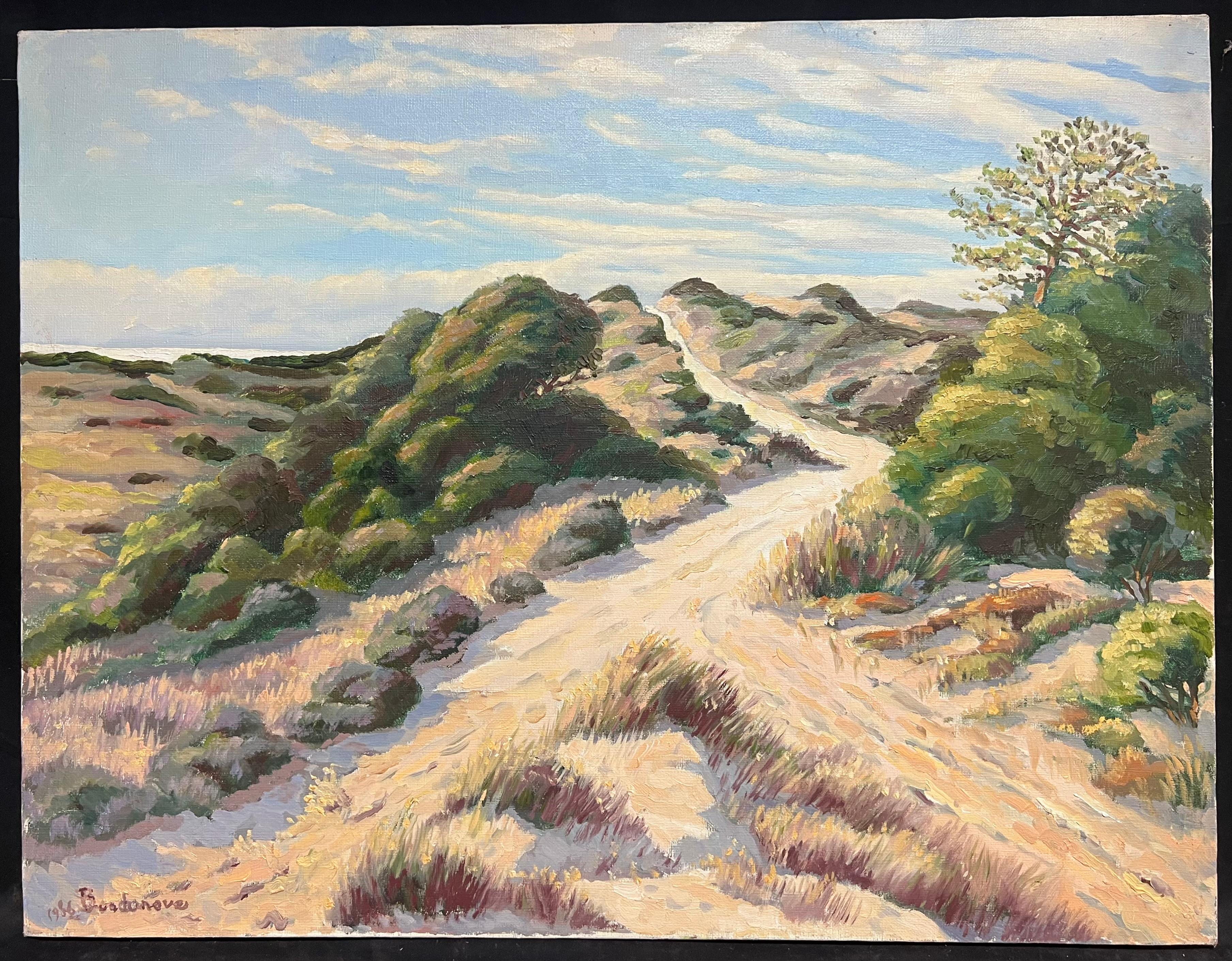 Pittura a olio impressionista francese Sentiero illuminato dal sole attraverso le dune di Rolle - Painting di Georges Bordonove