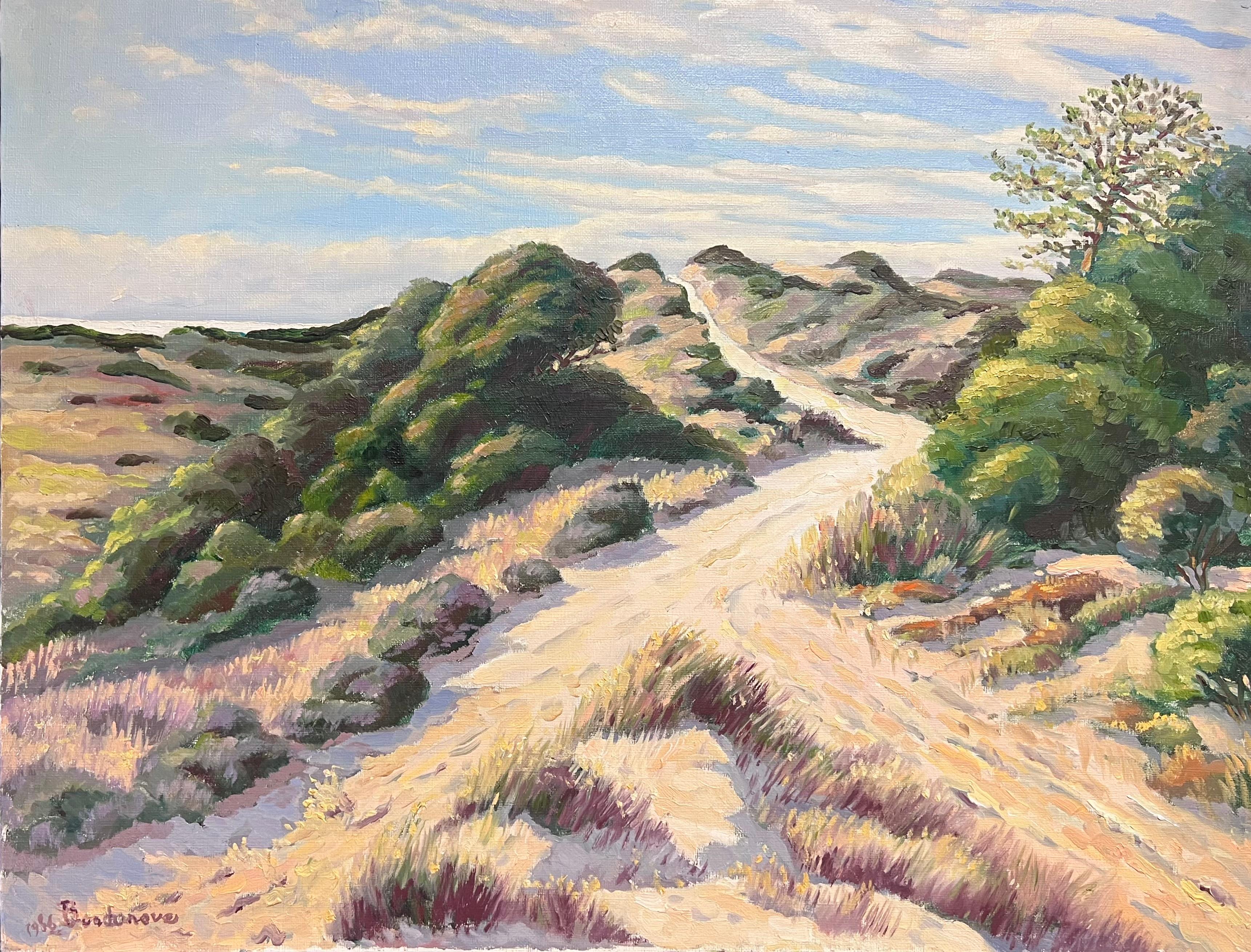 Pittura a olio impressionista francese Sentiero illuminato dal sole attraverso le dune di Rolle in vendita 2