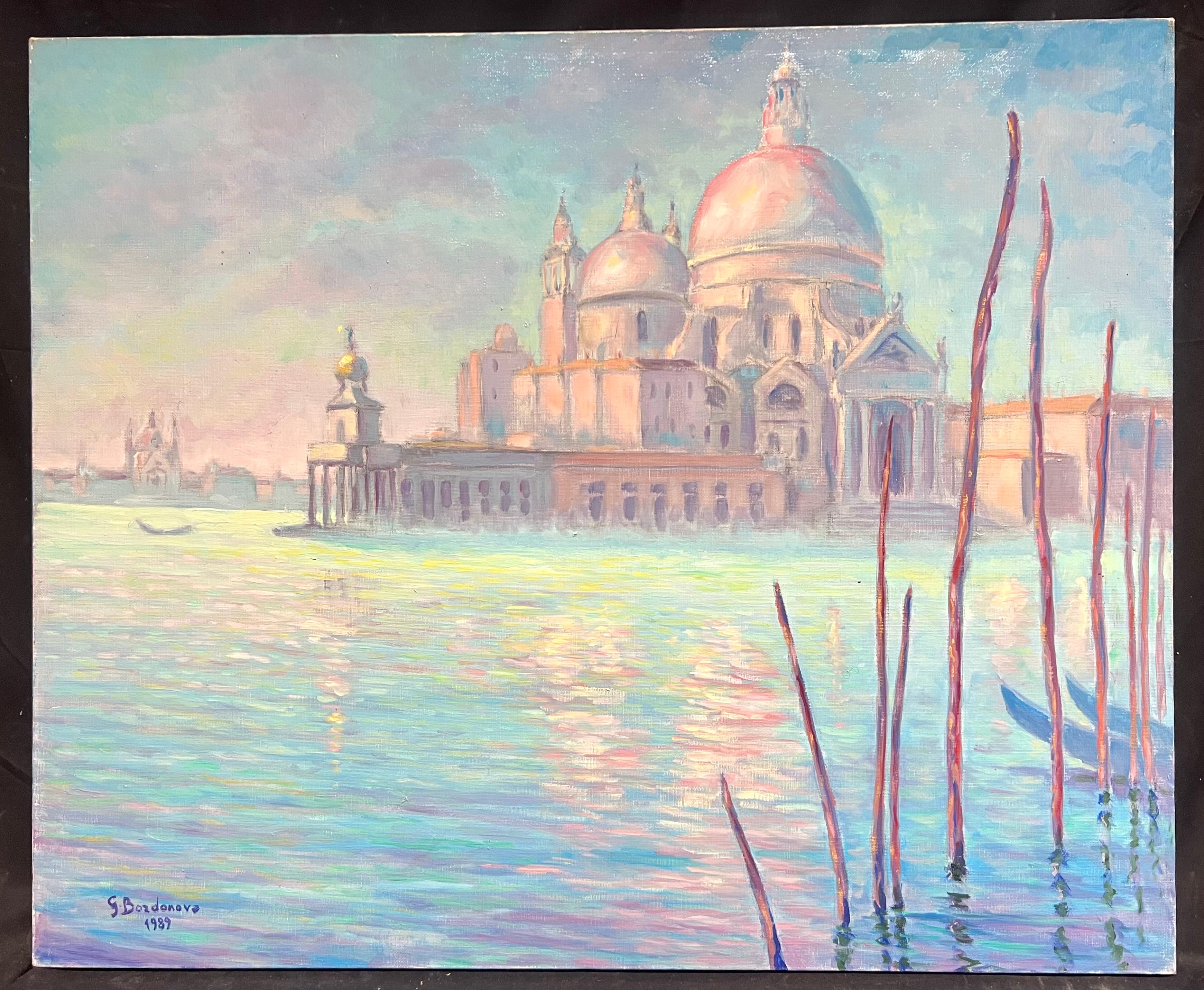 Pittura ad olio impressionista francese Riflessi di sole di Santa Maria della Salute - Painting di Georges Bordonove