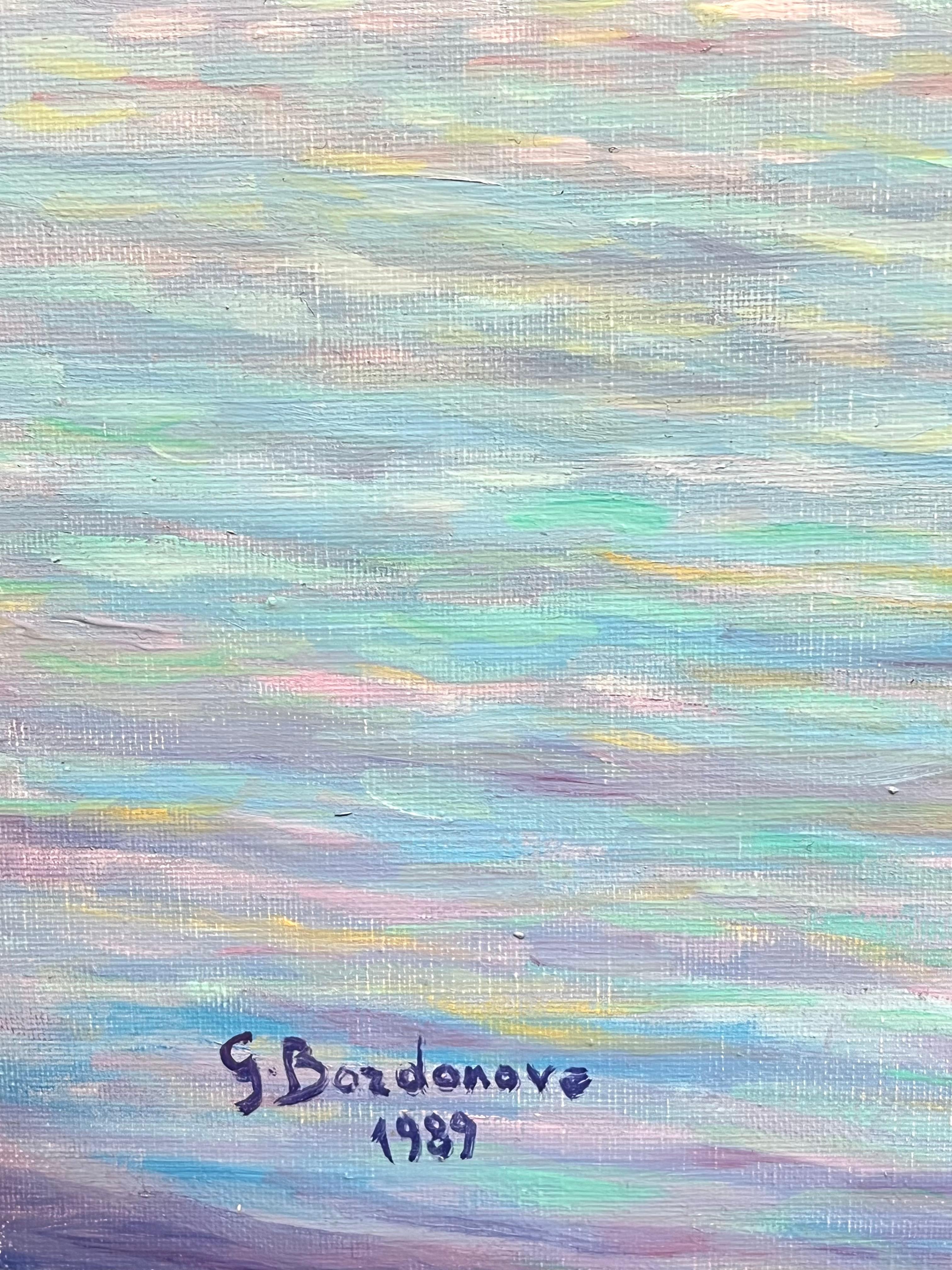 Pittura ad olio impressionista francese Riflessi di sole di Santa Maria della Salute - Landscape Painting Grigio di Georges Bordonove