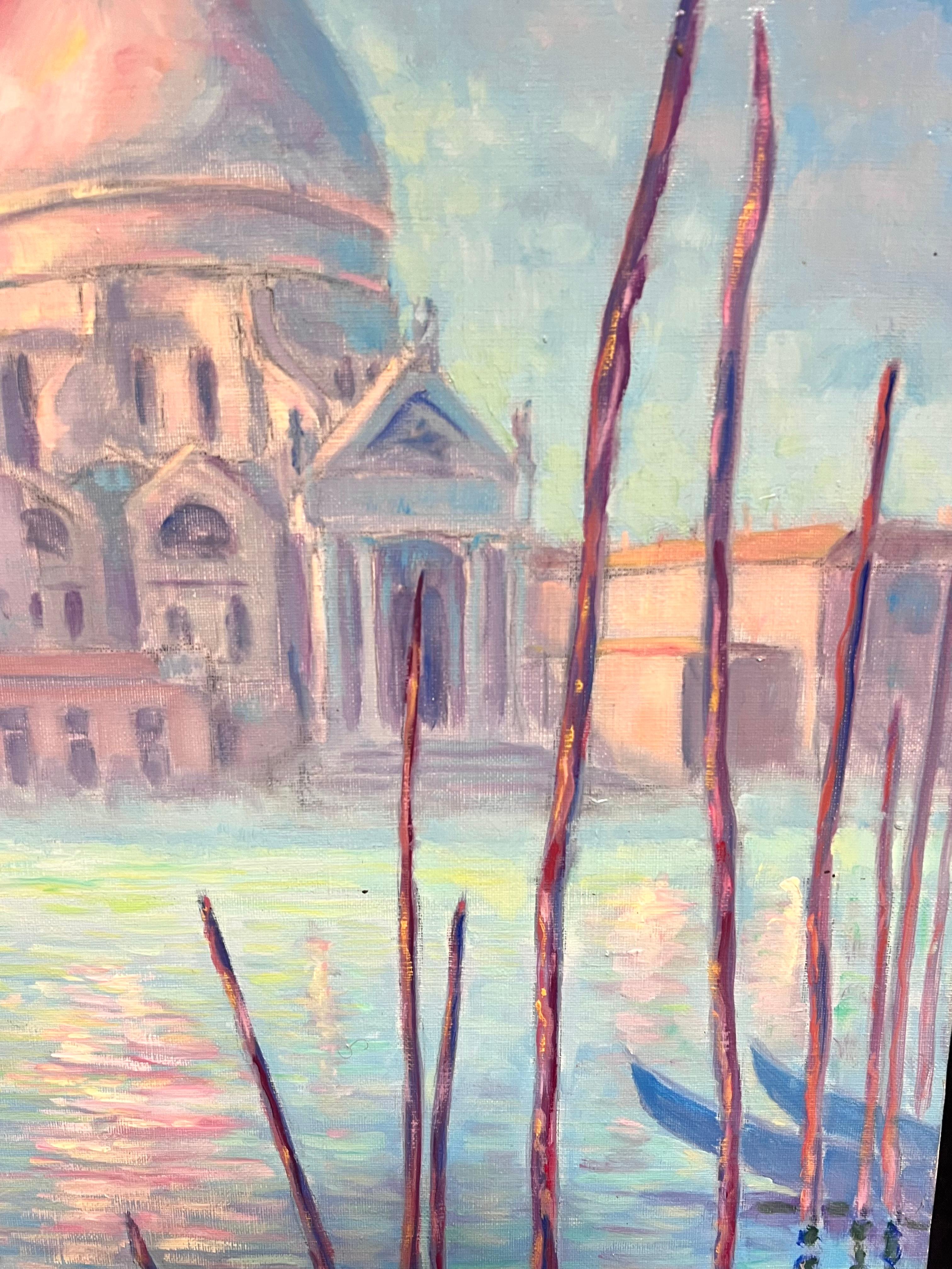 Pittura ad olio impressionista francese Riflessi di sole di Santa Maria della Salute in vendita 3