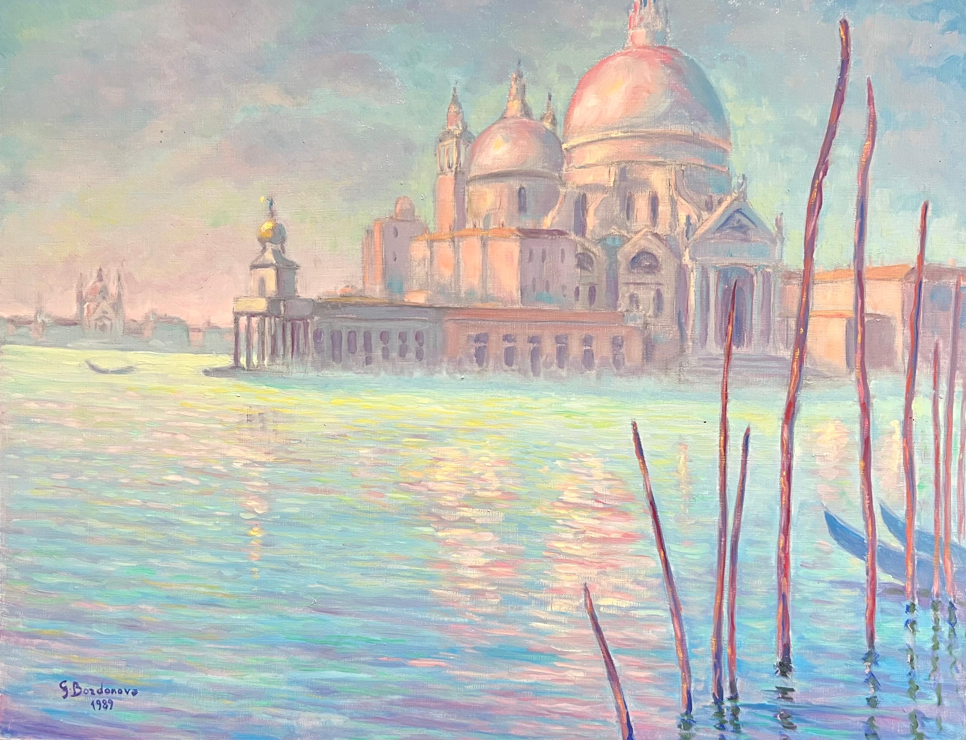 Landscape Painting di Georges Bordonove - Pittura ad olio impressionista francese Riflessi di sole di Santa Maria della Salute