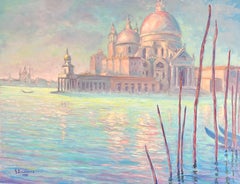 Peinture à l'huile impressionniste française Sunlit Reflections de Santa Maria della Salute