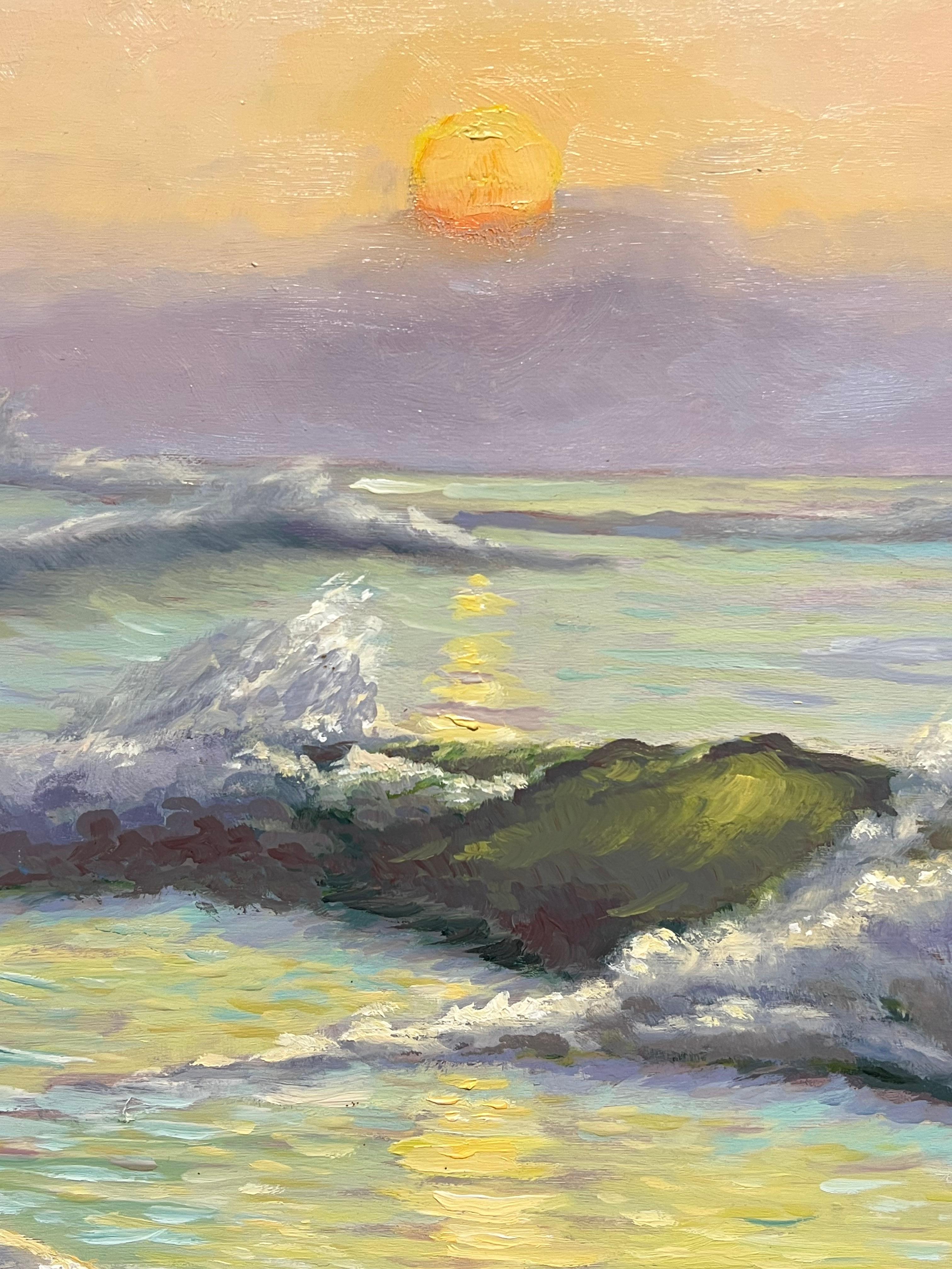 Paisaje marino impresionista francés al atardecer Olas rodando sobre una costa iluminada por el sol - Painting de Georges Bordonove