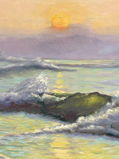 French Impressionist Seascape at Sunset Waves Rolling onto a Sunlit Shoreline