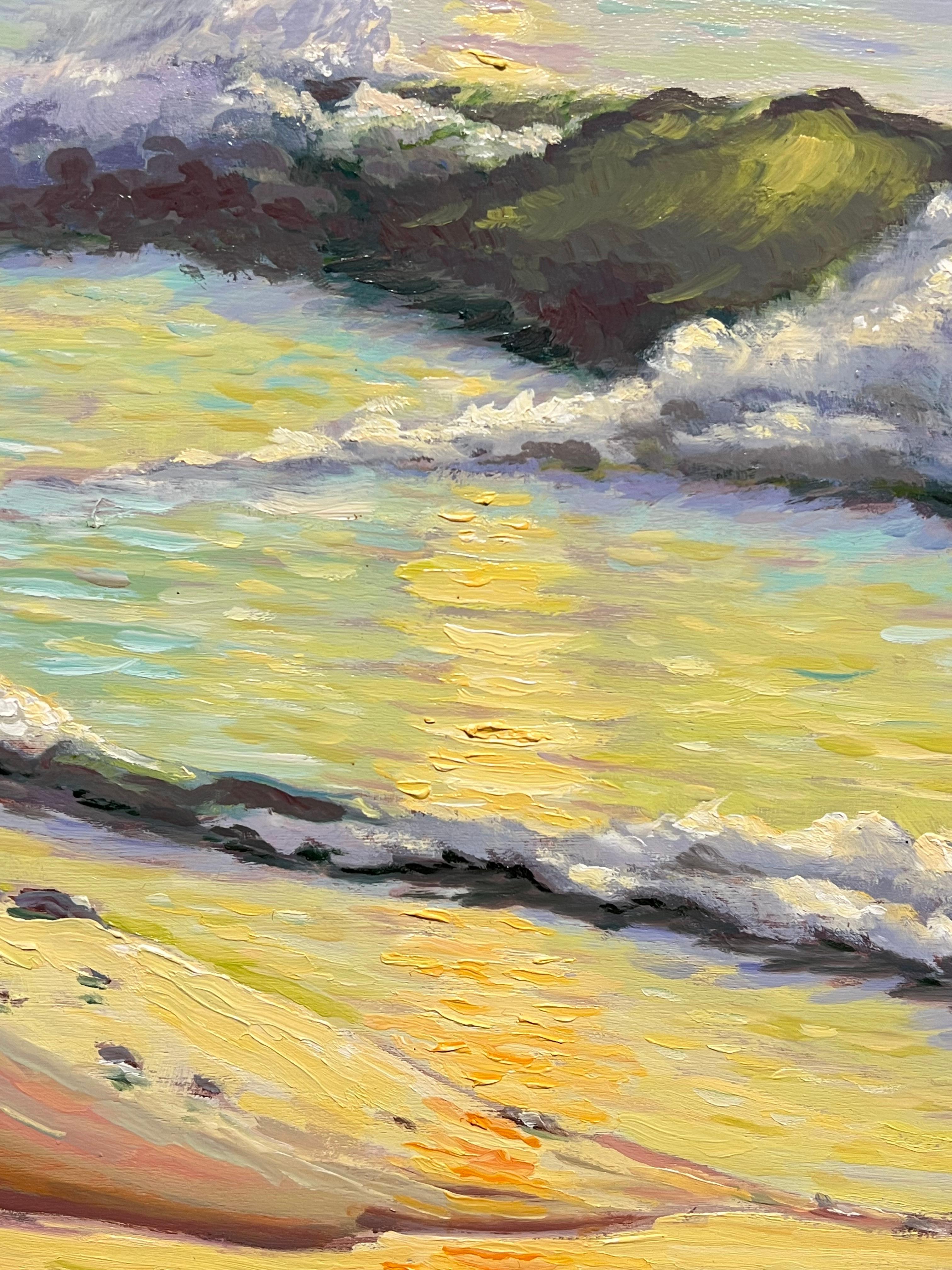 Paisaje marino impresionista francés al atardecer Olas rodando sobre una costa iluminada por el sol en venta 1