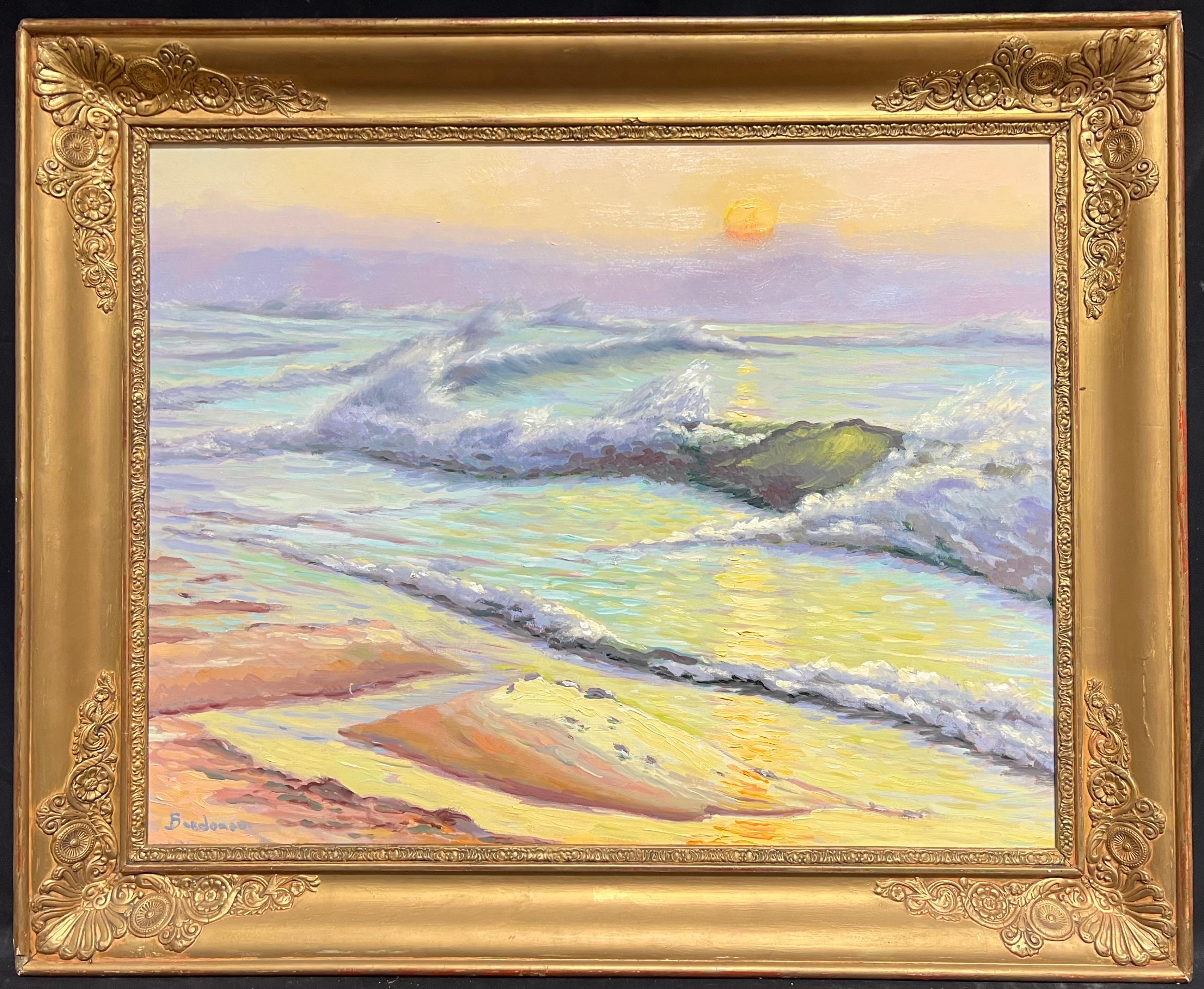 Landscape Painting de Georges Bordonove - Paisaje marino impresionista francés al atardecer Olas rodando sobre una costa iluminada por el sol