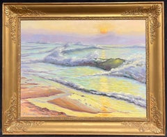 Paysage marin impressionniste français au coucher du soleil Vagues roulant sur un rivage ensoleillé
