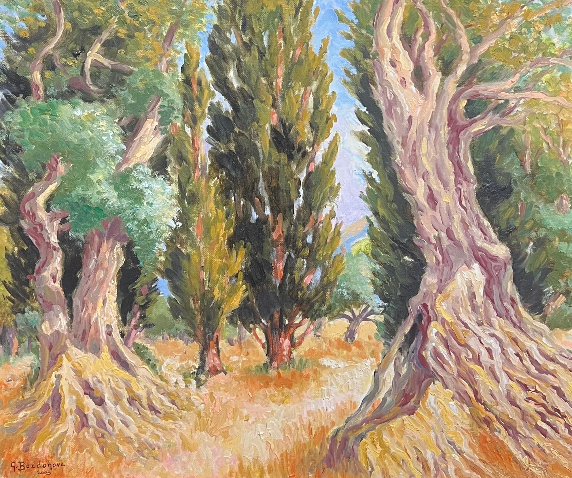 Pintura impresionista francesa Arboleda mediterránea iluminada por el sol Olivos retorcidos - Painting de Georges Bordonove