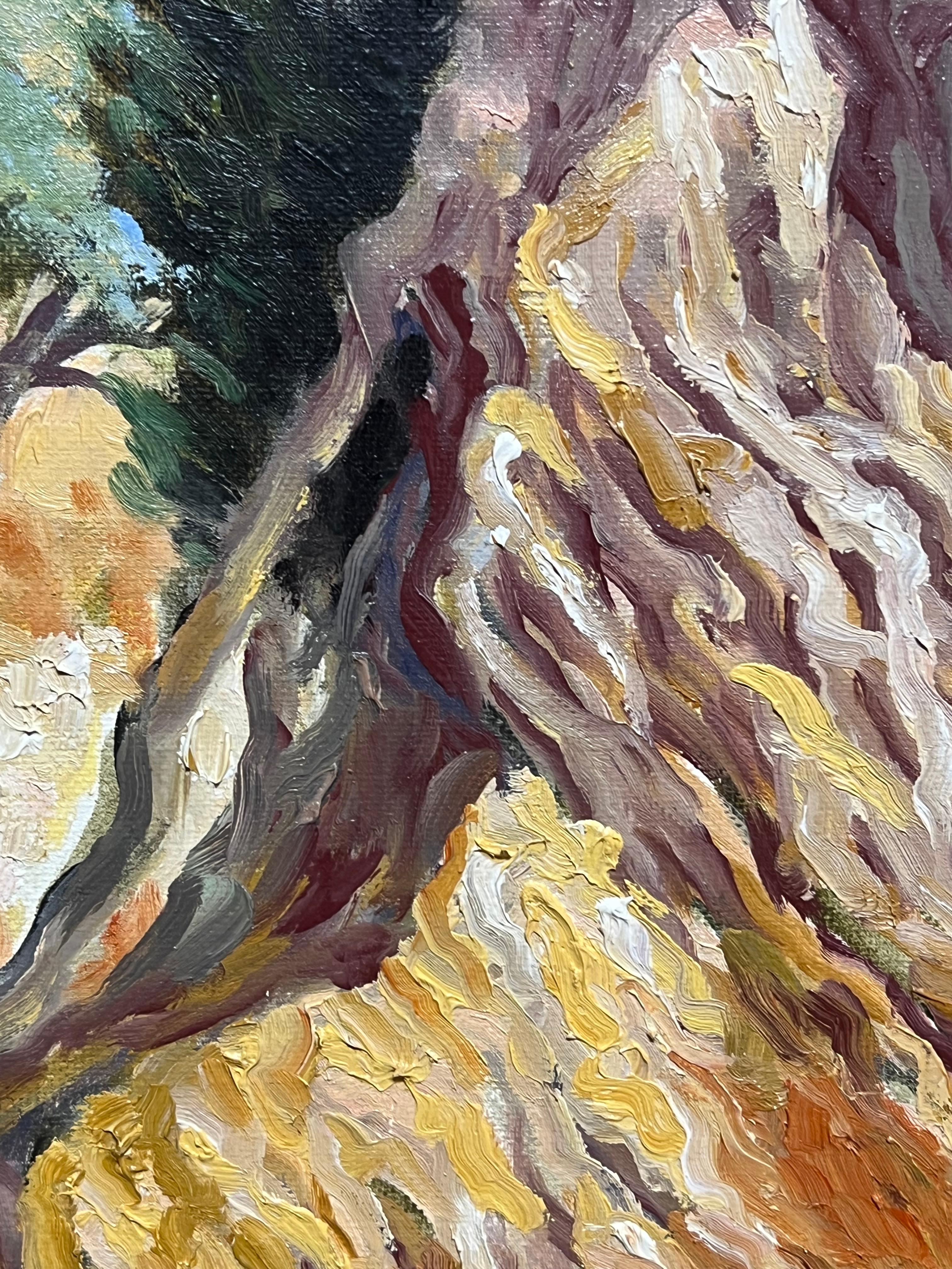 Pintura impresionista francesa Arboleda mediterránea iluminada por el sol Olivos retorcidos - Painting Impresionista de Georges Bordonove