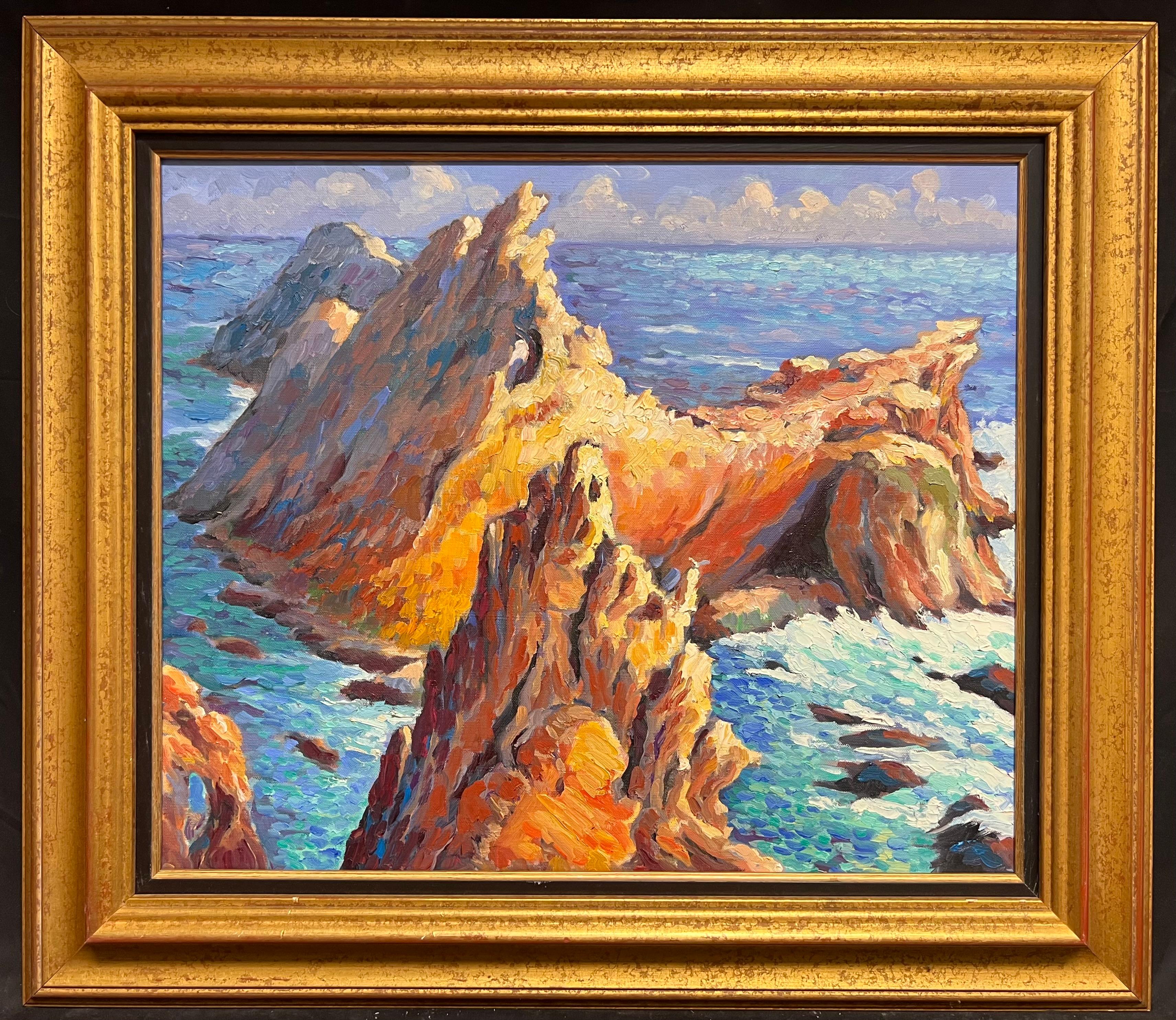 French Impressionist Sunlit Rocks Rising from a Turquoise Sea Oil Painting - Brown Landscape Painting by Georges Bordonove