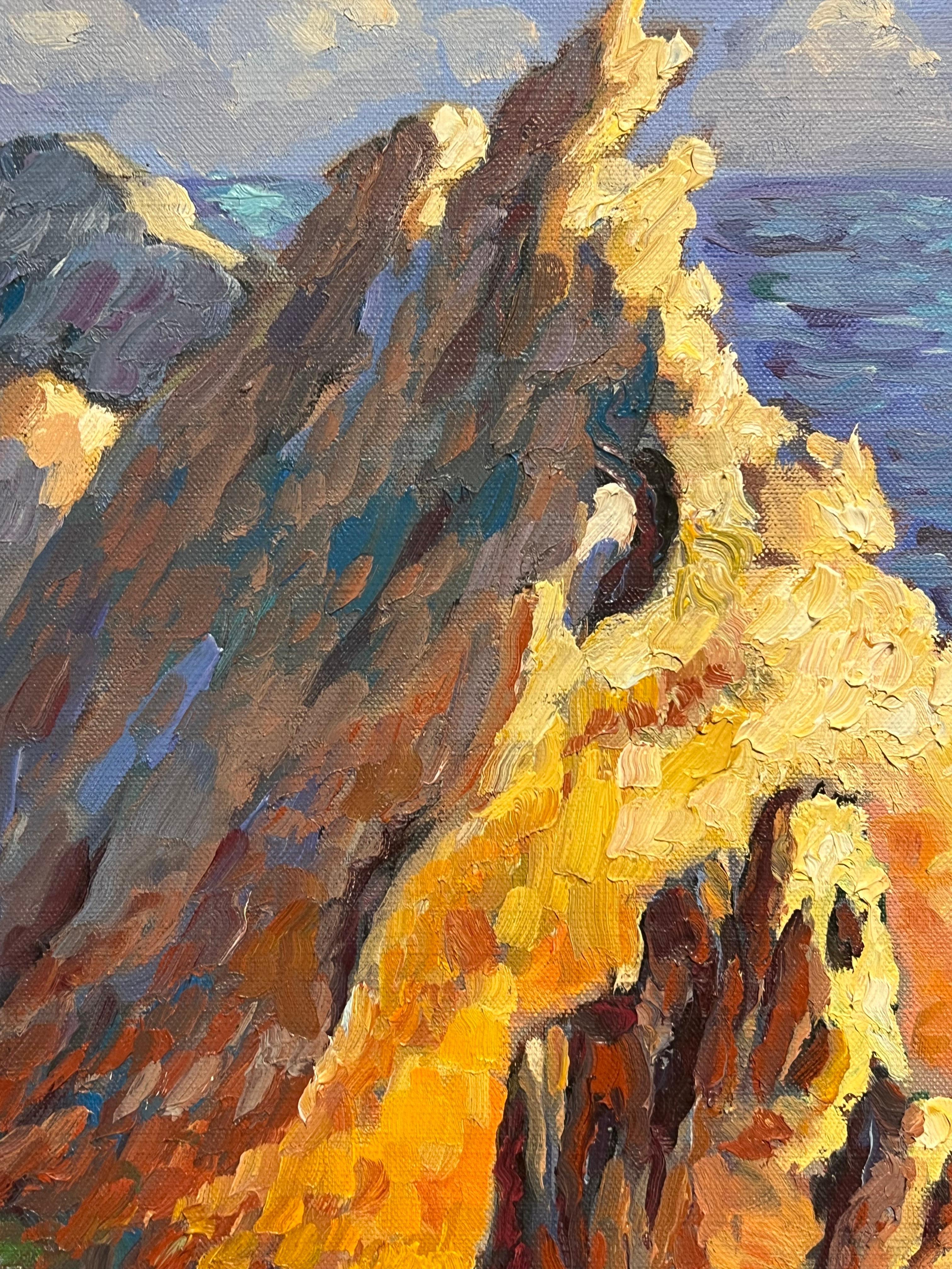 French Impressionist Sunlit Rocks Rising from a Turquoise Sea Oil Painting For Sale 1