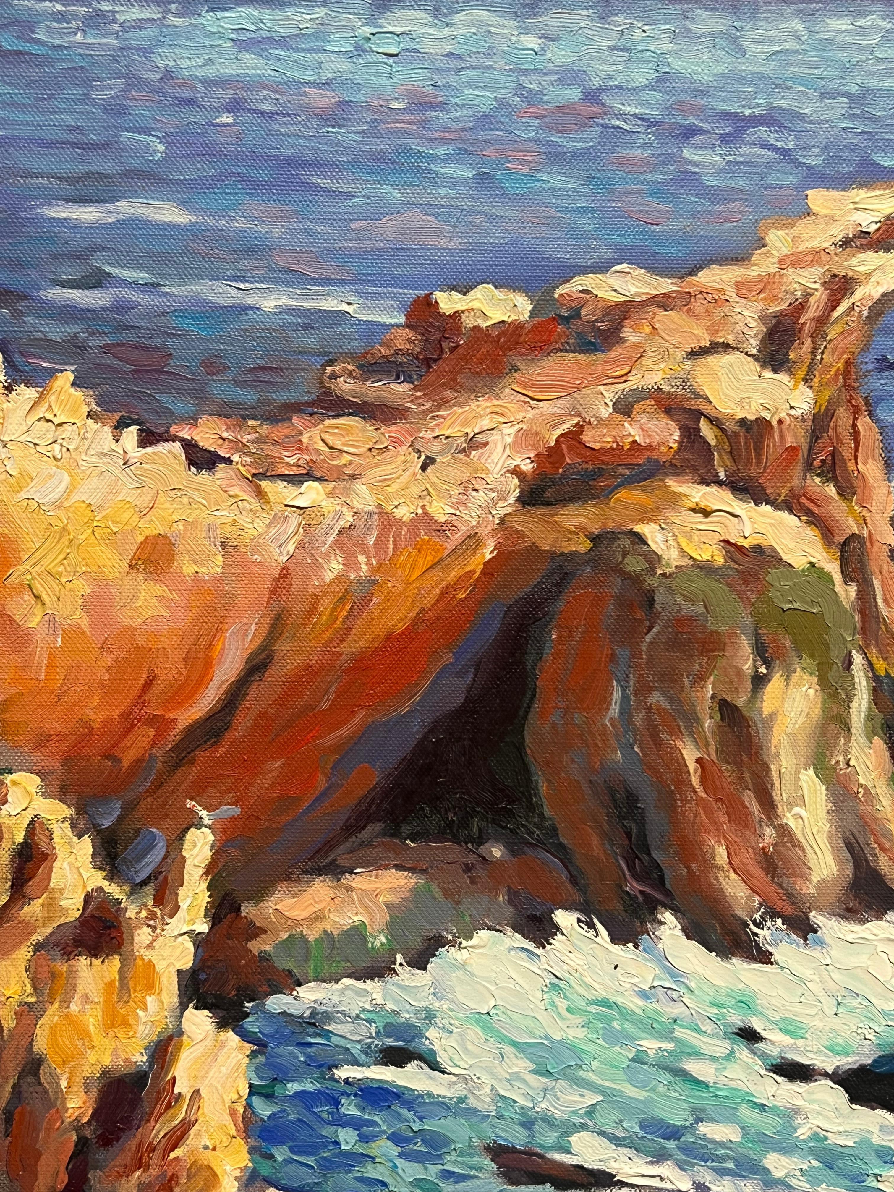 French Impressionist Sunlit Rocks Rising from a Turquoise Sea Oil Painting For Sale 2