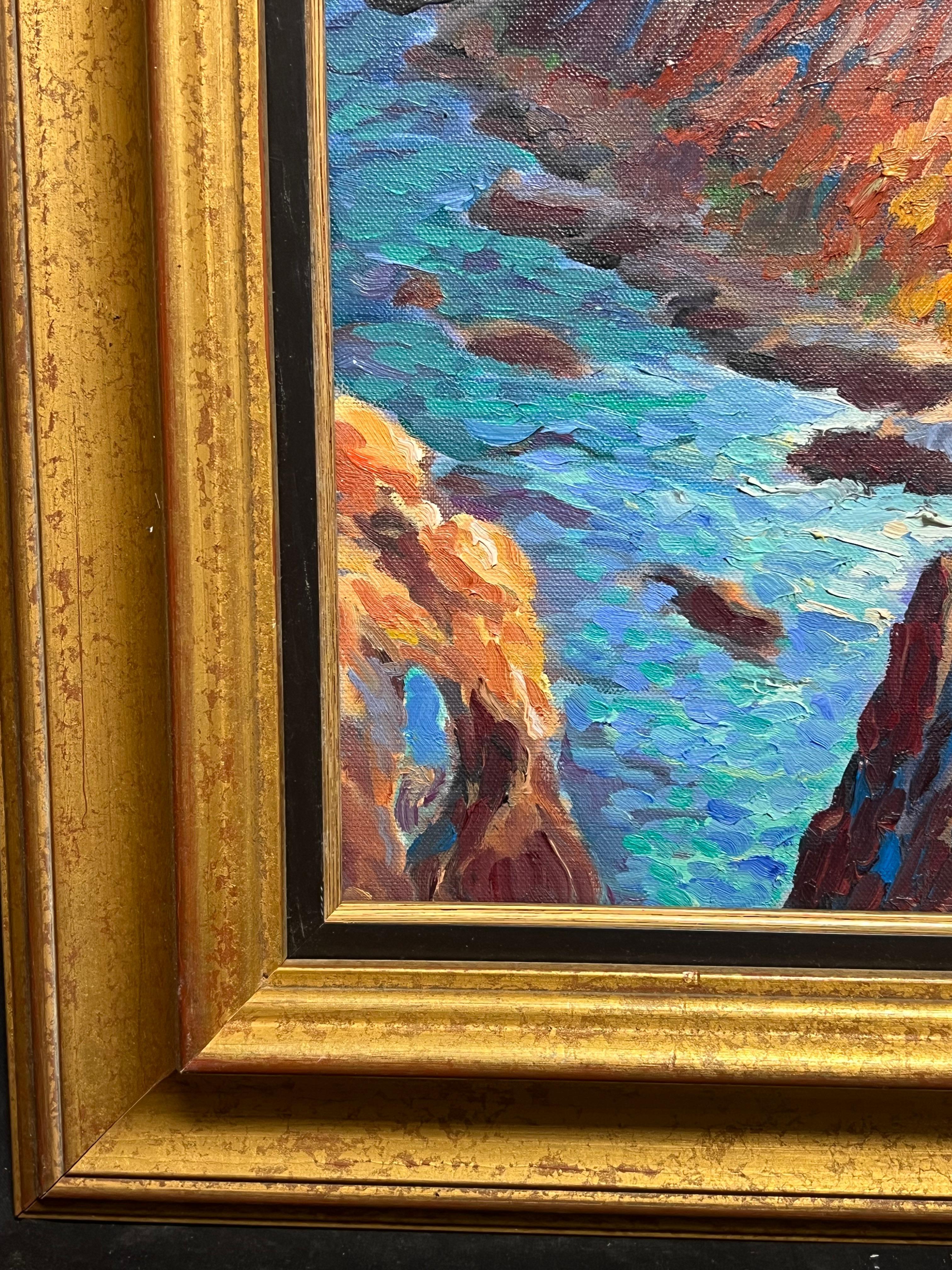 French Impressionist Sunlit Rocks Rising from a Turquoise Sea Oil Painting For Sale 3