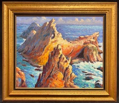 Pittura a olio dell'impressionista francese Rocce illuminate dal sole che emergono da un mare turchese