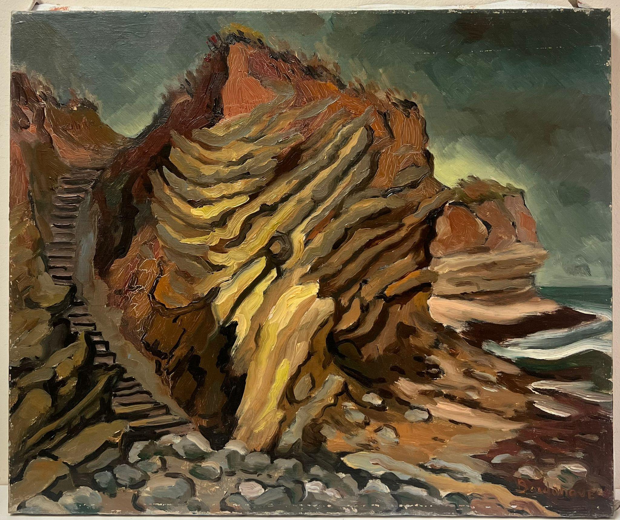 Paisaje francés Dramáticas formaciones rocosas y escaleras costeras que conducen al mar - Painting de Georges Bordonove