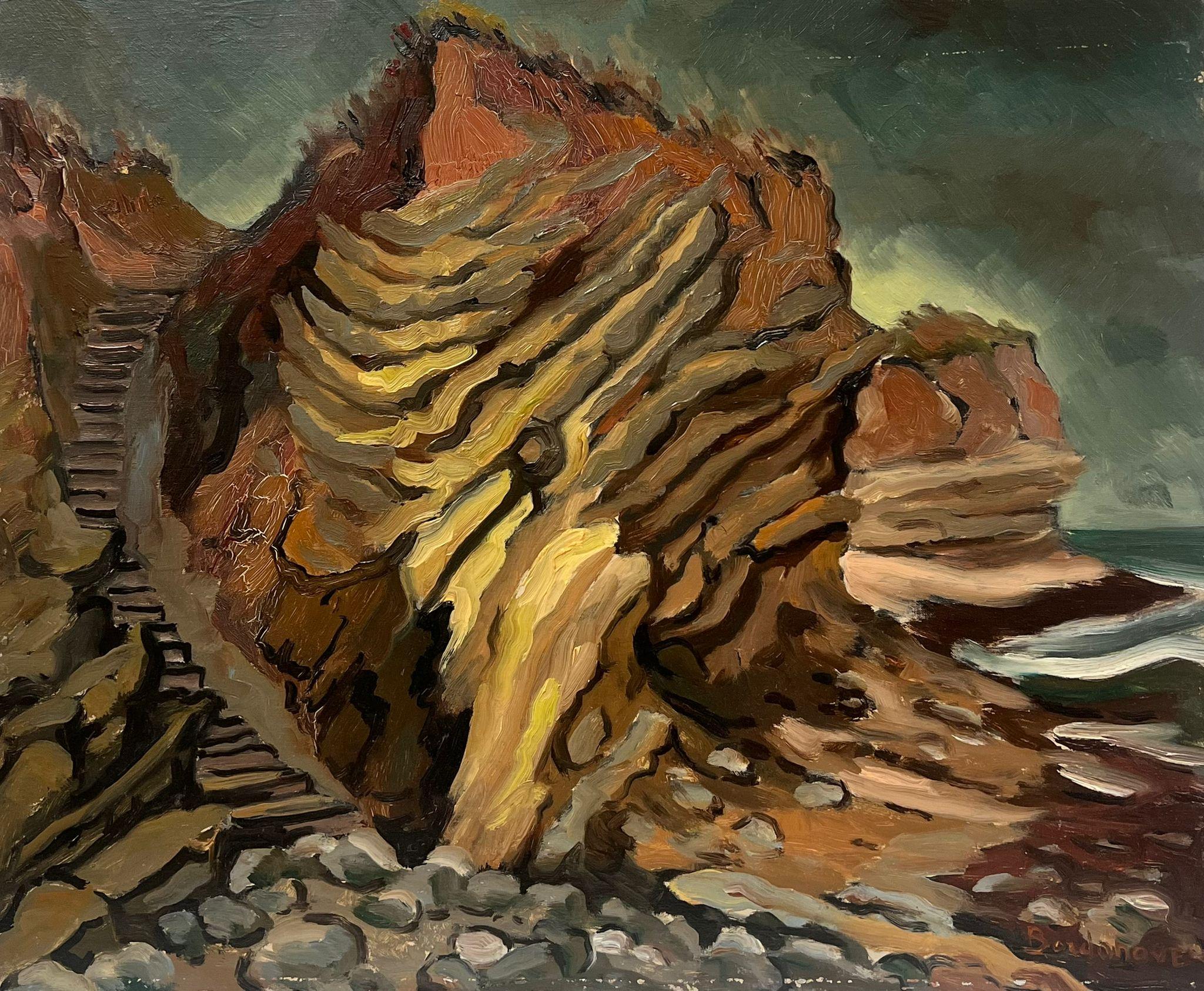 Landscape Painting de Georges Bordonove - Paisaje francés Dramáticas formaciones rocosas y escaleras costeras que conducen al mar