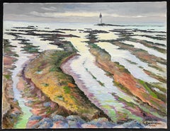 Pittura a olio francese Bassa marea con costa rocciosa e faro lontano