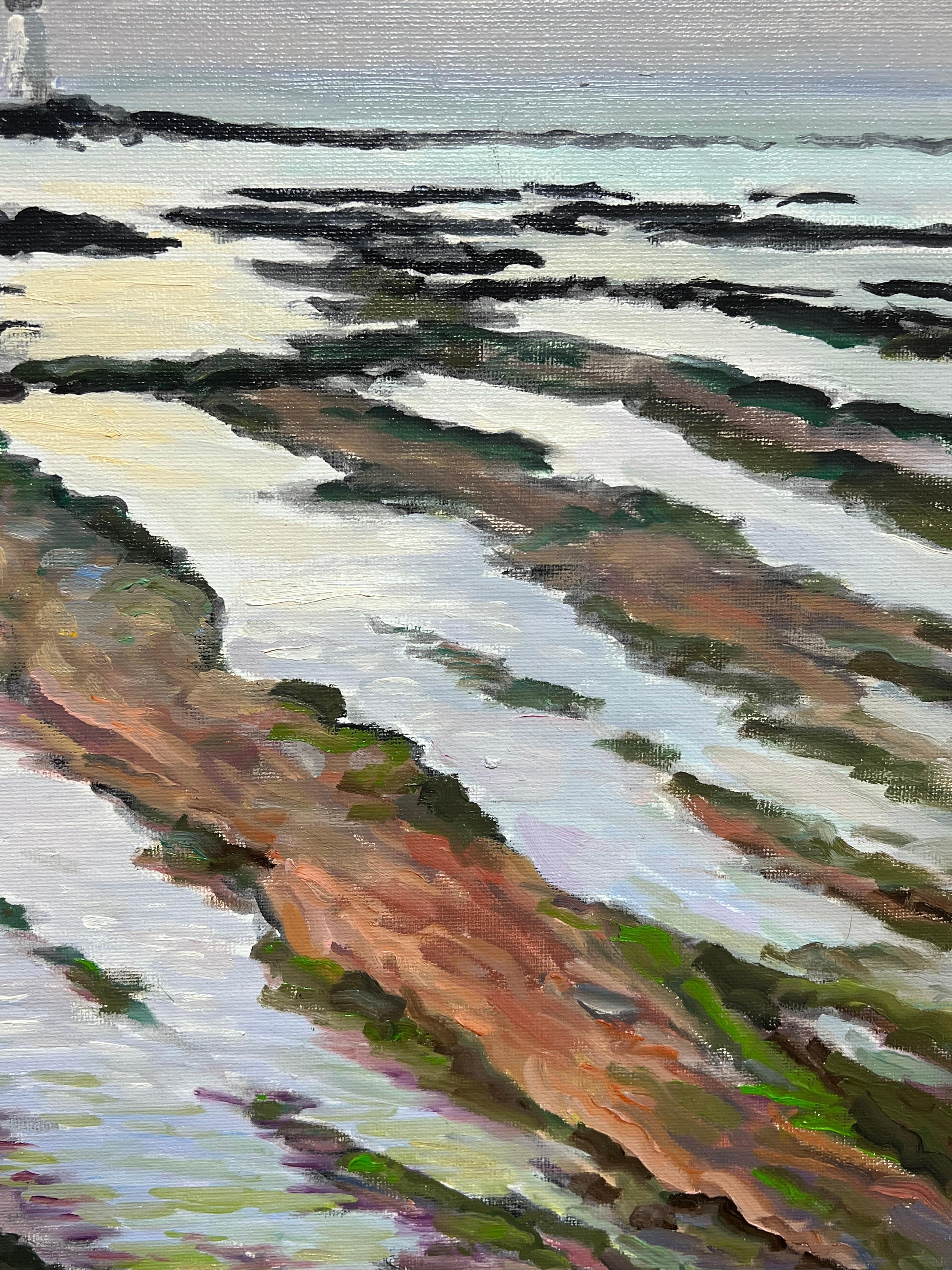 Französisches Ölgemälde, niedriges Tide mit felsiger Shoreline und Distanz-Leuchtturm (Impressionismus), Painting, von Georges Bordonove