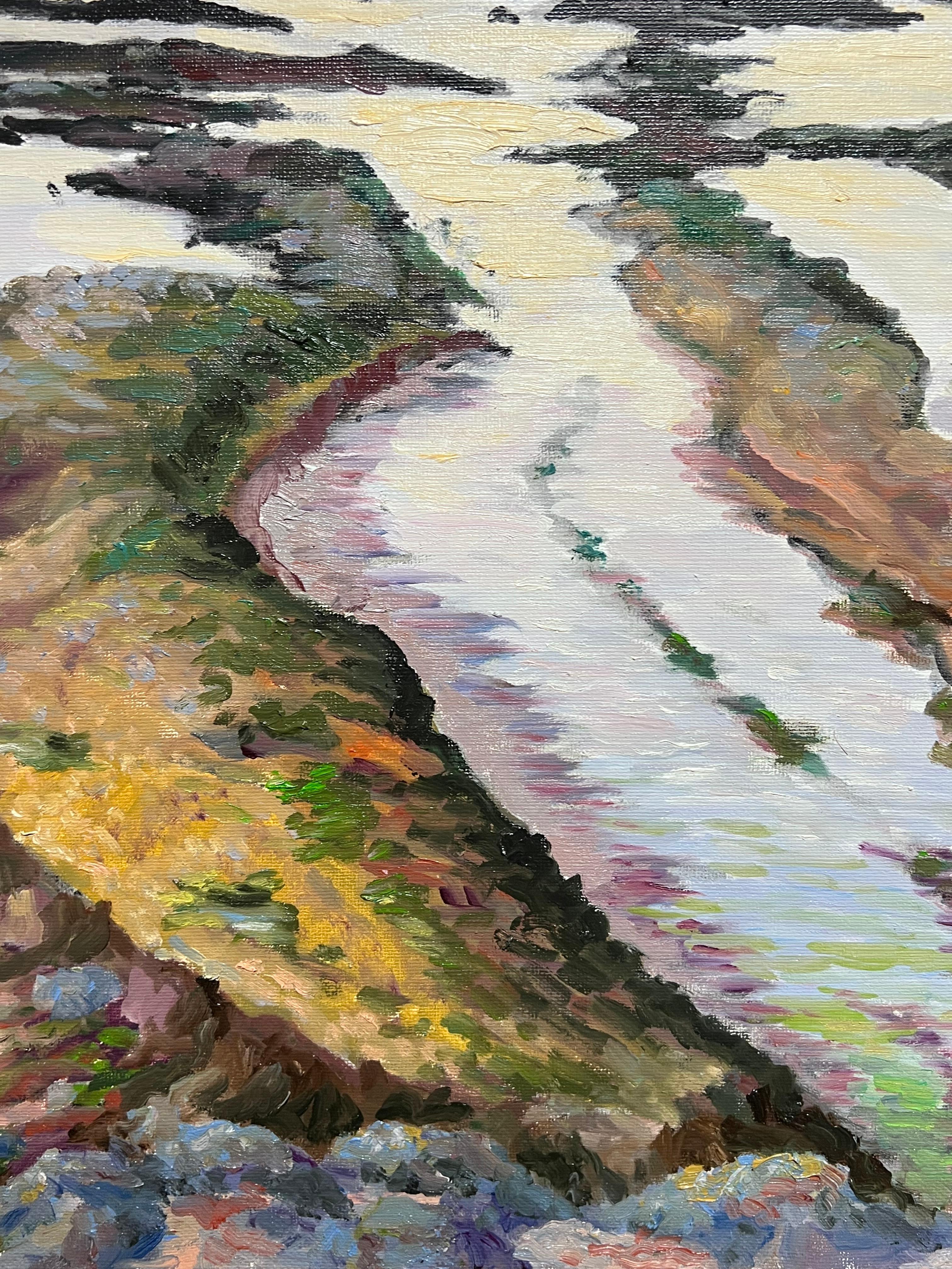 Französisches Ölgemälde, niedriges Tide mit felsiger Shoreline und Distanz-Leuchtturm (Braun), Landscape Painting, von Georges Bordonove