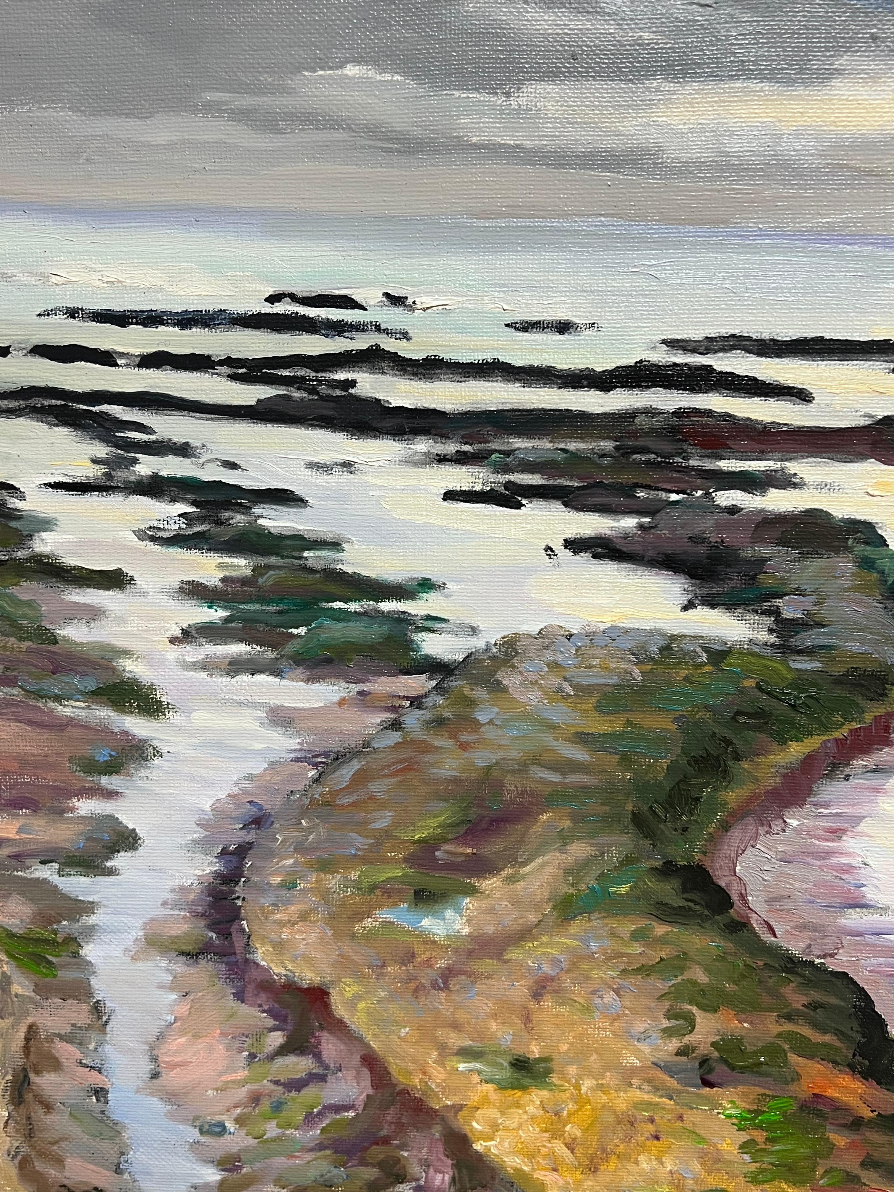 Französisches Ölgemälde, niedriges Tide mit felsiger Shoreline und Distanz-Leuchtturm im Angebot 1