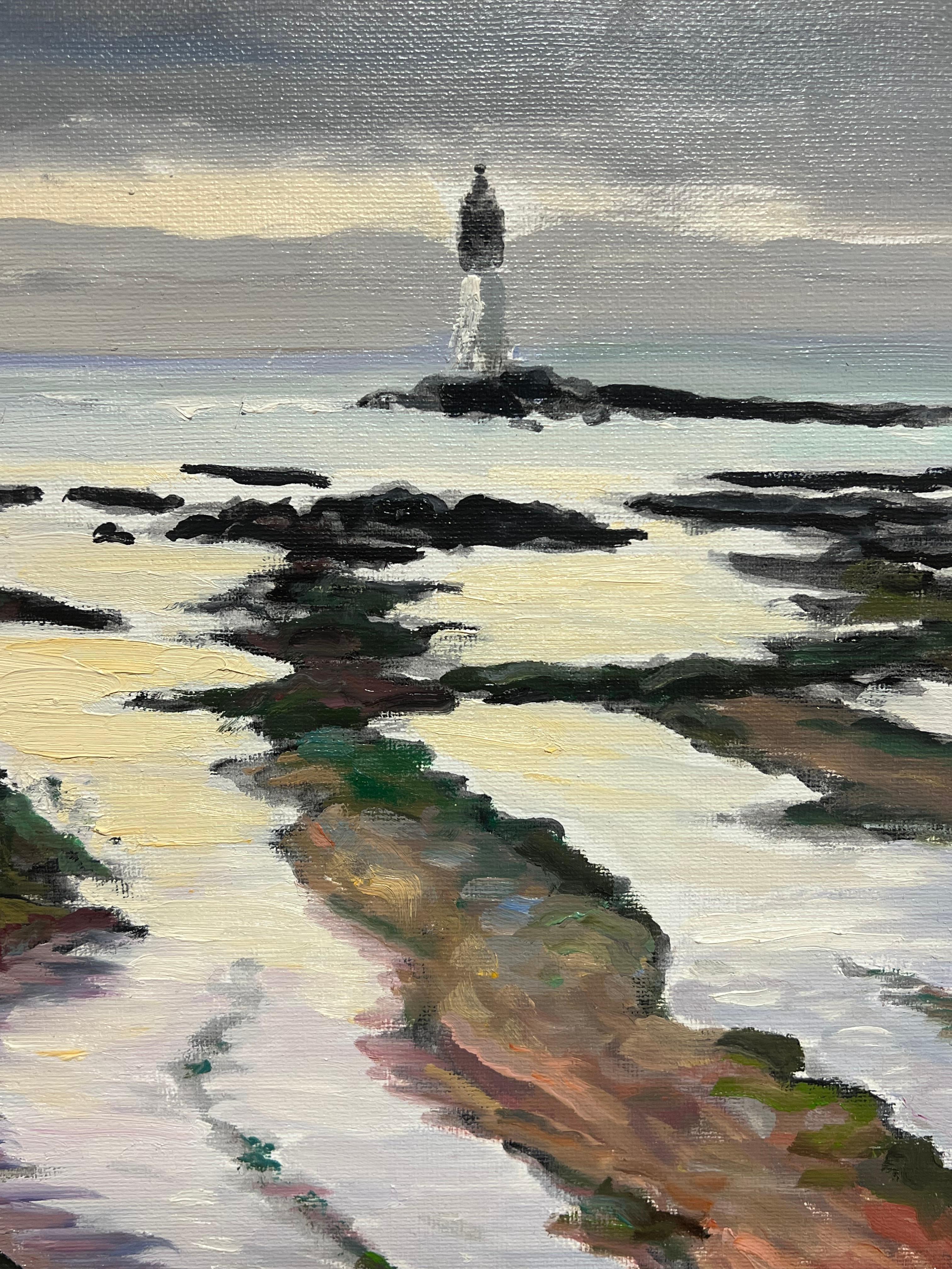 Französisches Ölgemälde, niedriges Tide mit felsiger Shoreline und Distanz-Leuchtturm im Angebot 2