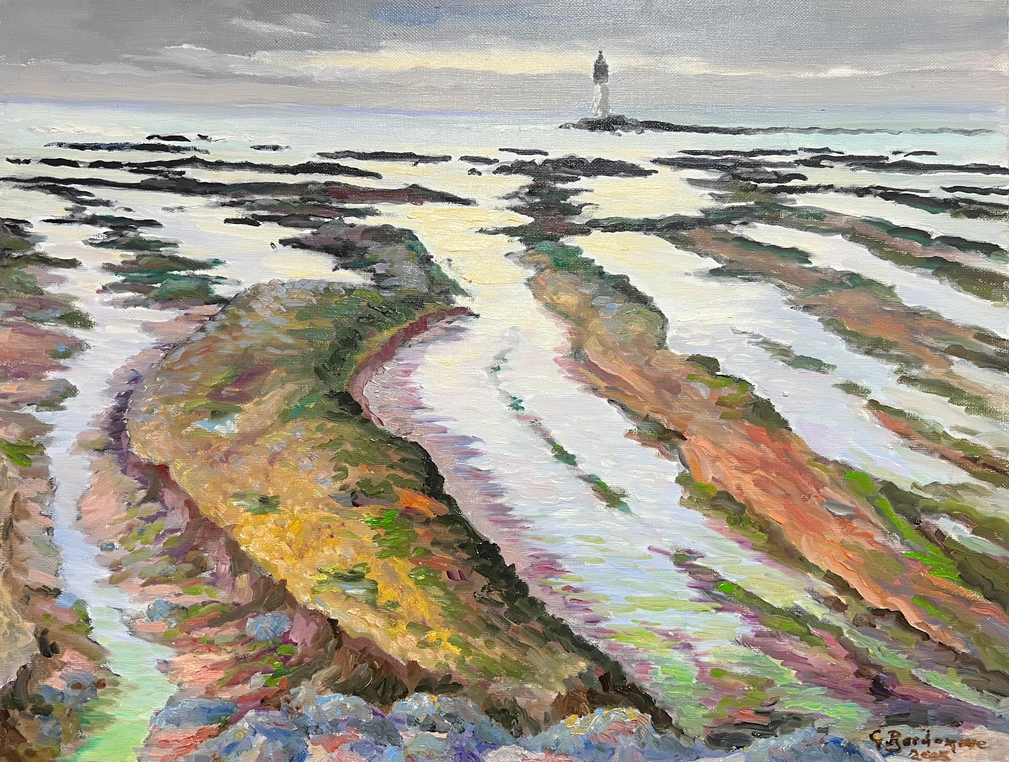 Französisches Ölgemälde, niedriges Tide mit felsiger Shoreline und Distanz-Leuchtturm