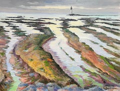 French Oil Painting Low Tide with Rocky Shoreline with Distant Lighthouse