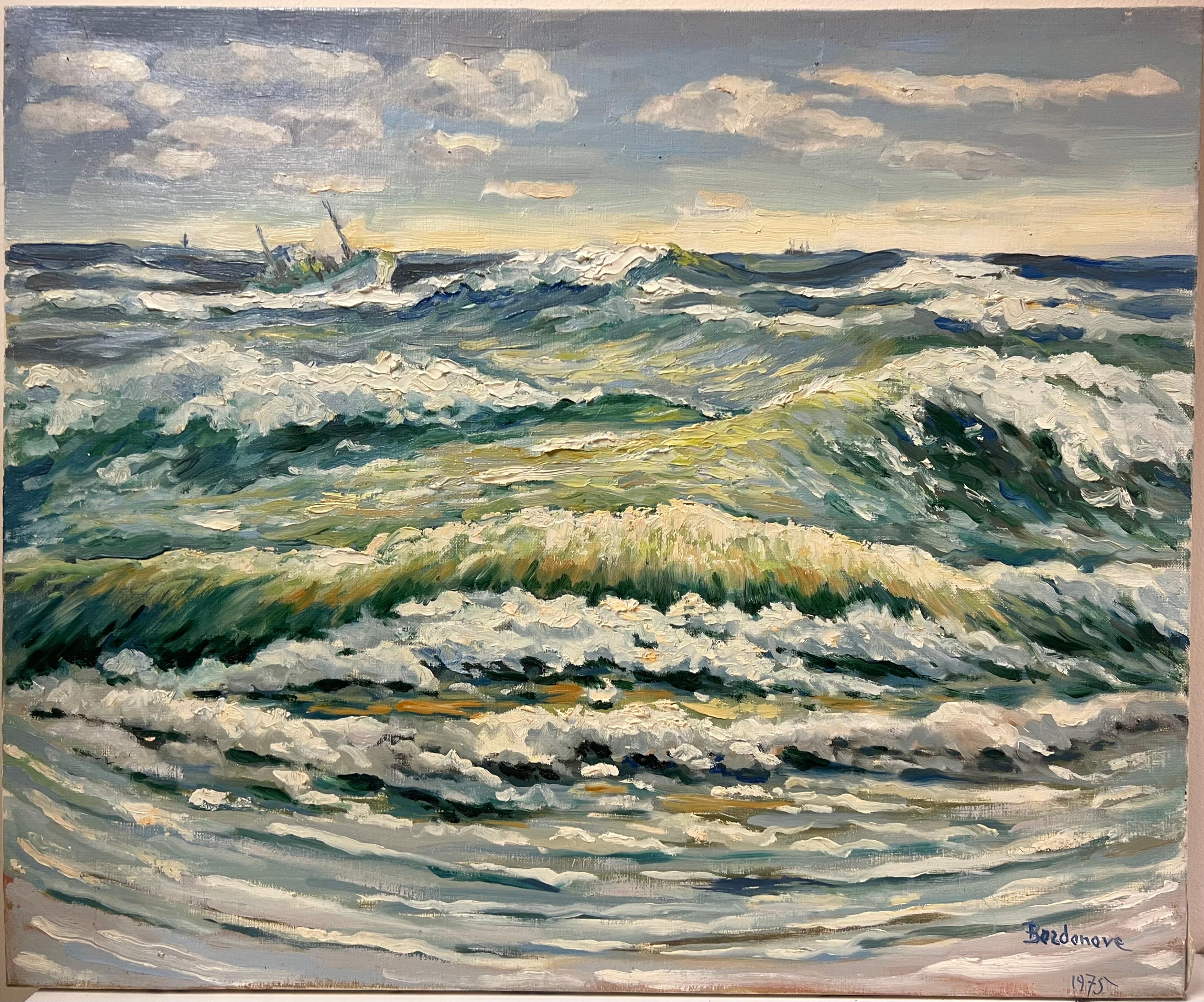 Pittura ad olio francese post-impressionista del XX secolo Onde che si infrangono sul mare - Painting di Georges Bordonove