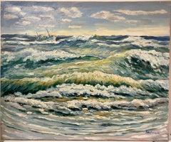 French Post-Impressionist 20th Century Oil Painting Heaving Waves Crashing Seas