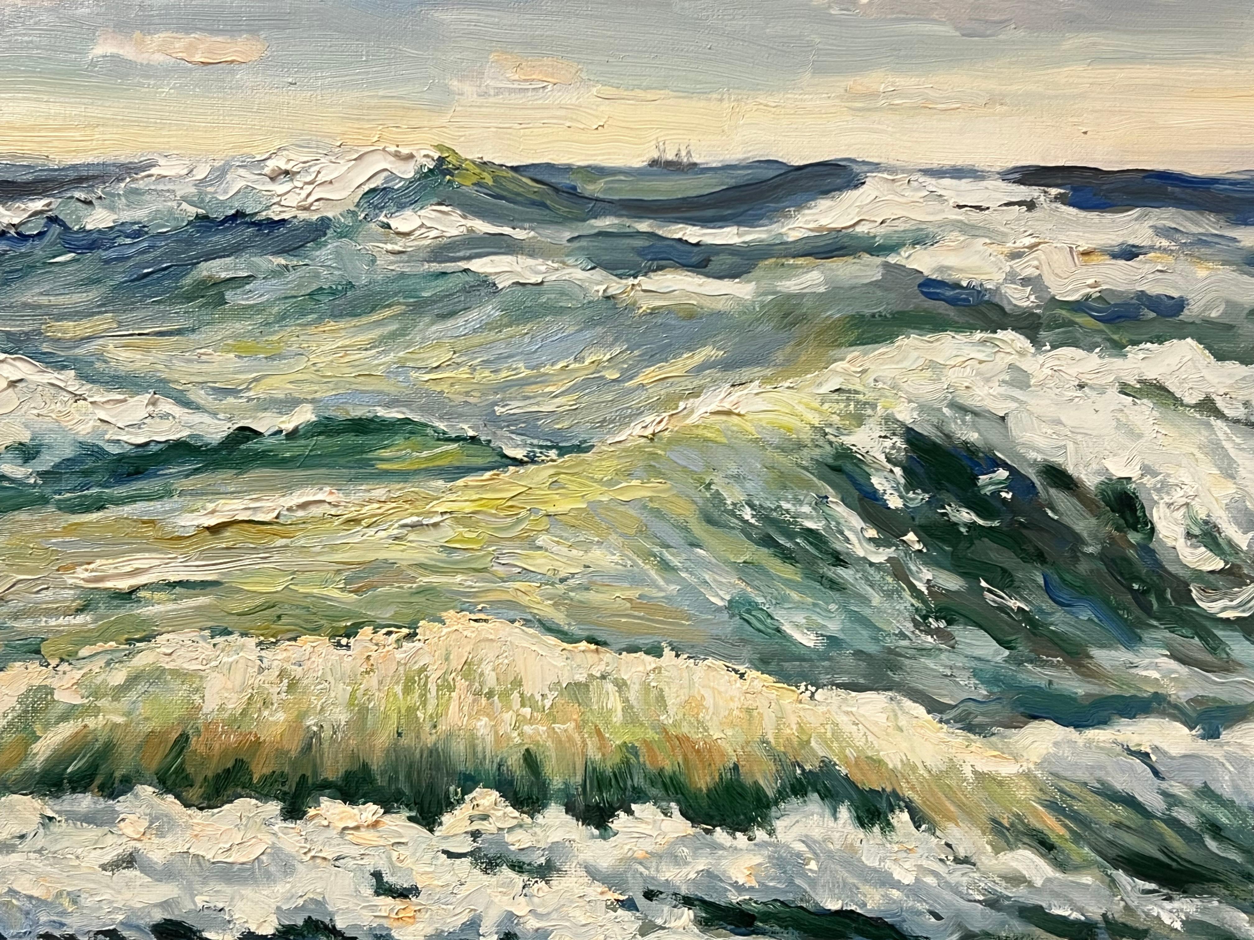 Pittura ad olio francese post-impressionista del XX secolo Onde che si infrangono sul mare - Painting Impressionismo di Georges Bordonove