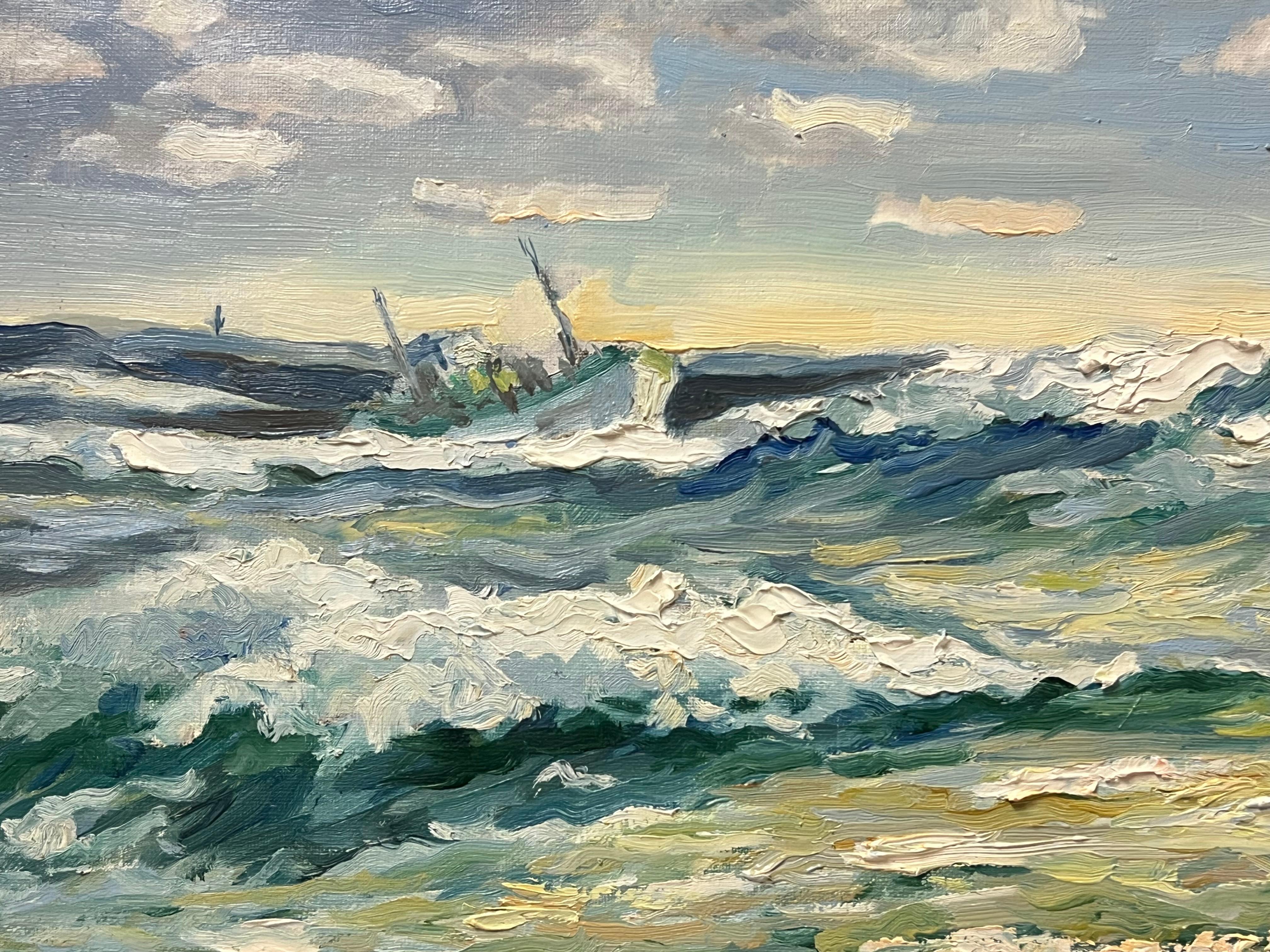 Pittura ad olio francese post-impressionista del XX secolo Onde che si infrangono sul mare - Landscape Painting Grigio di Georges Bordonove