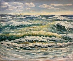 French Post-Impressionist 20th Century Oil Painting Heaving Waves Crashing Seas