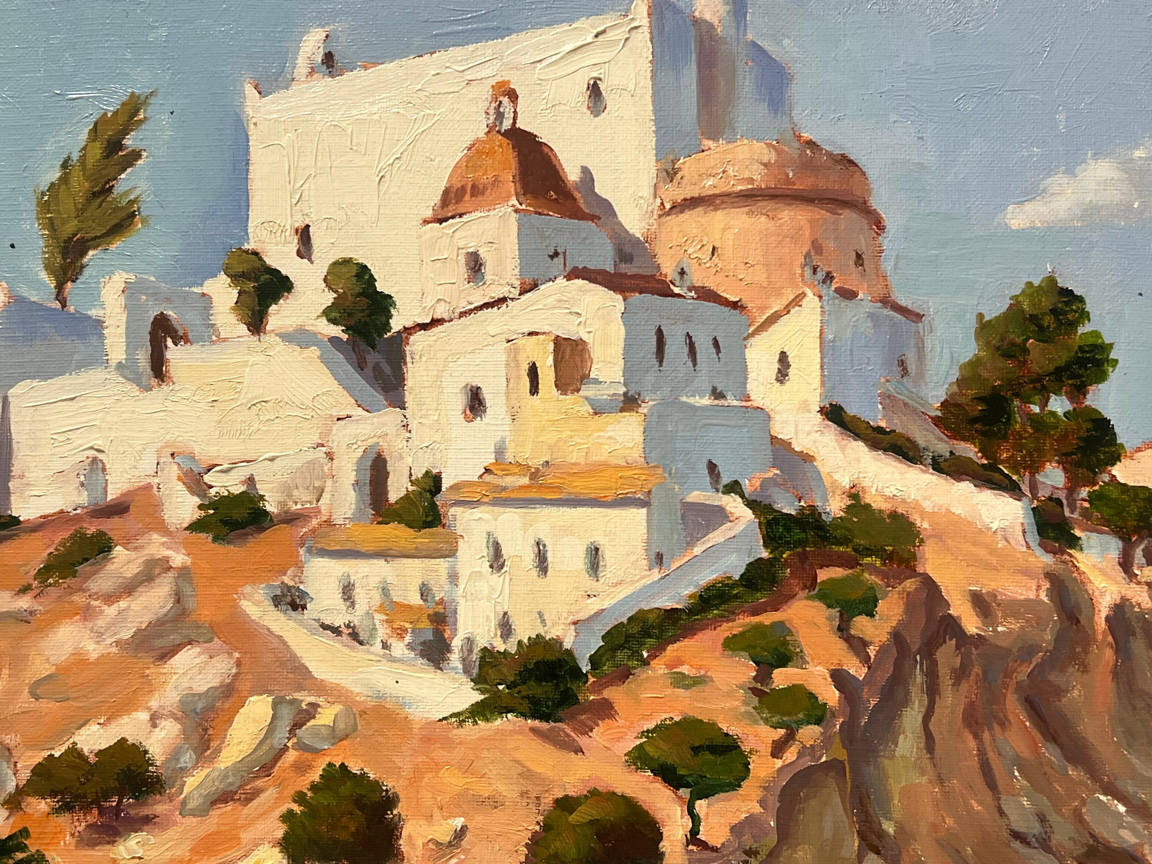 Pintura al óleo francesa postimpresionista Cima de una colina española Antiguo pueblo Med - Painting Impresionista de Georges Bordonove
